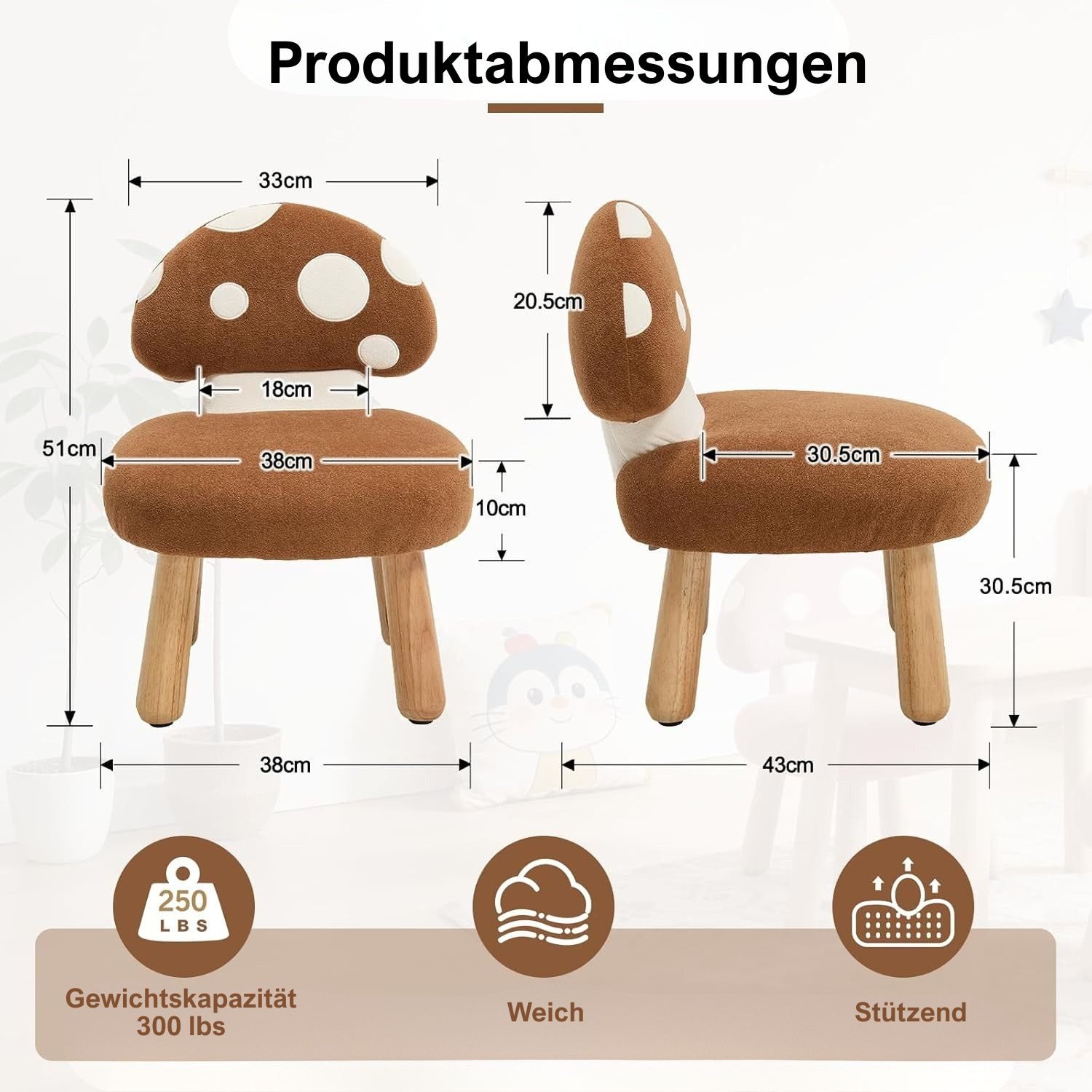 WAHSON OFFICE CHAIRS Kindersessel Chenille, Pilzrückenlehne und Holzbeinen Kindercouch für Spielzimmer