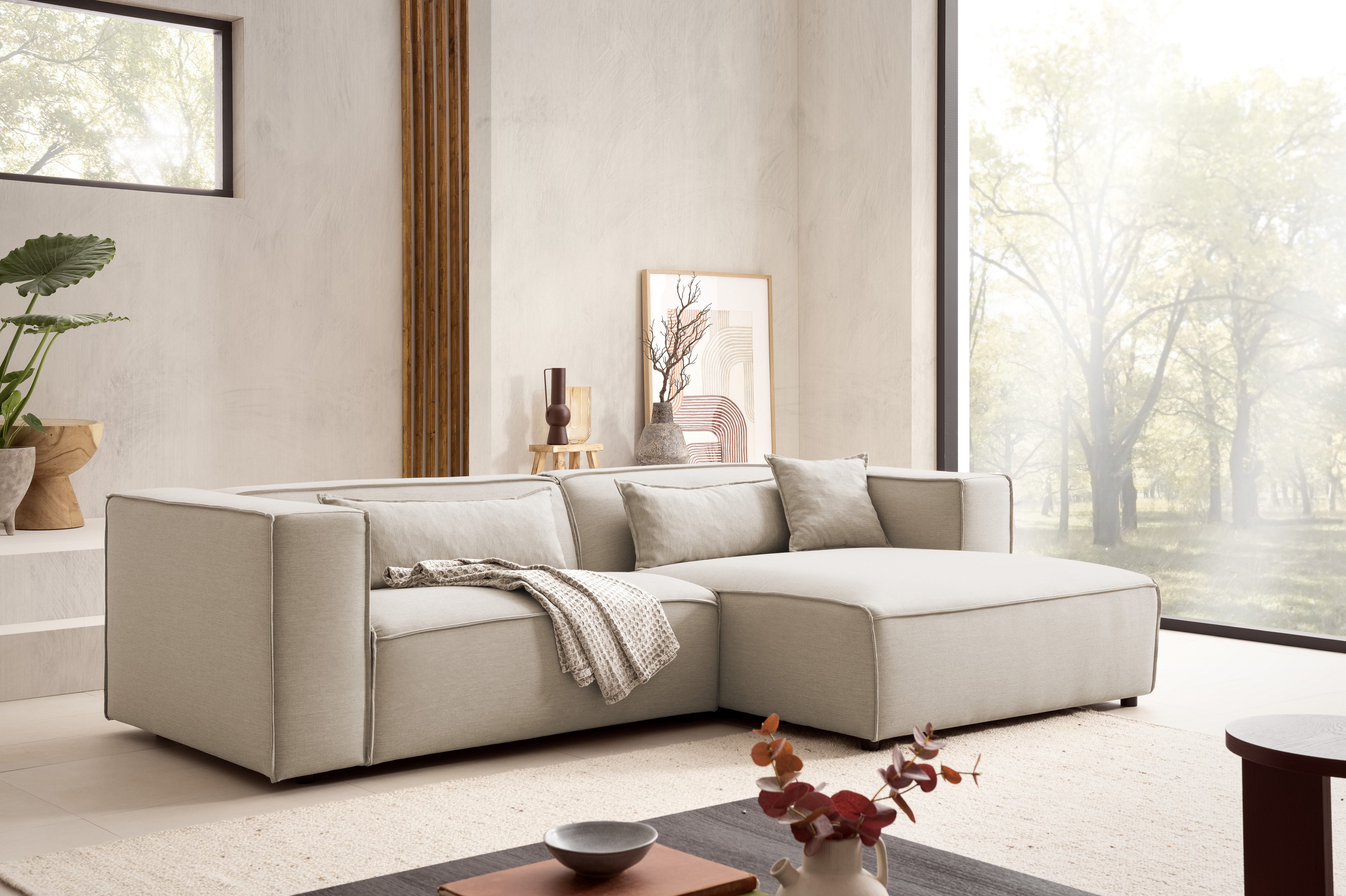 LeGer Home by Lena Gercke Ecksofa PIARA Leinenoptik mit Kedernaht L-Form, wahlweise Ottomane rechts/links, schwarze Füße, bequemer Sitzkomfort