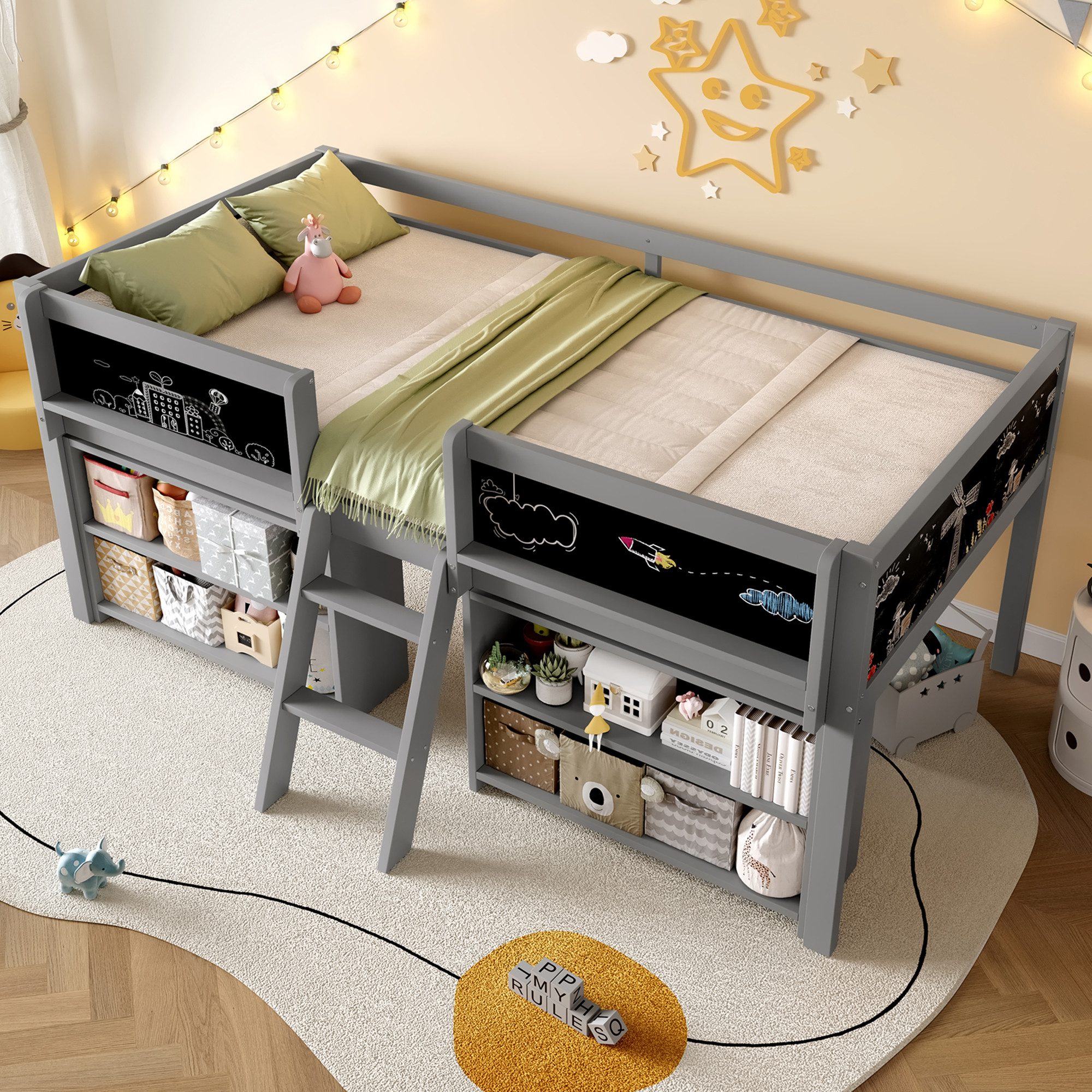 Flieks Hochbett Halbhohes Bett Kinderbett 90x200cm mit Tafel, Ablagefächer günstig online kaufen