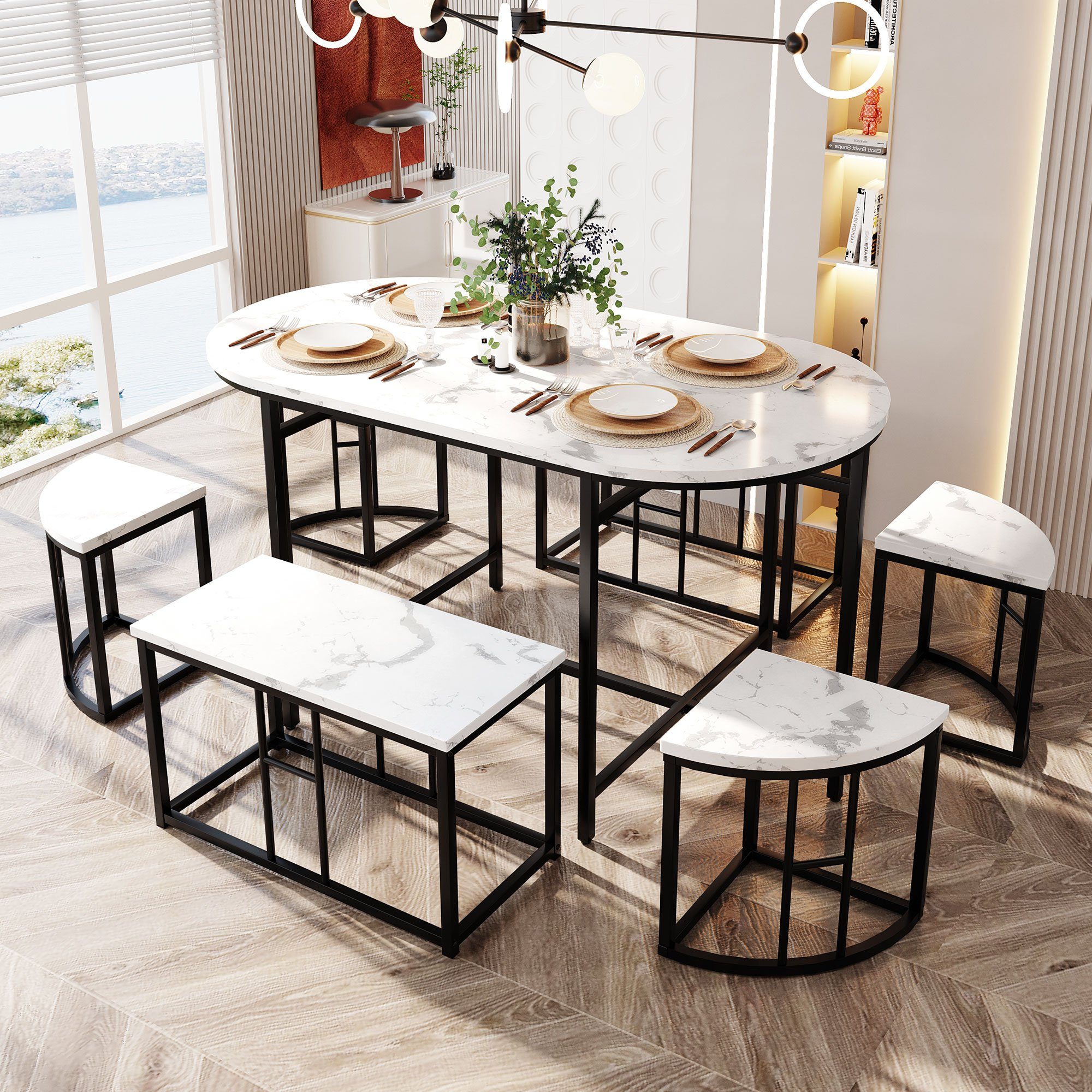 OKWISH Essgruppe, (1 Tisch, 4 Hocker und 2 bank, 7-tlg., Tisch in Marmoroptik) Tischplatte:Weiß Beine:Schrawz