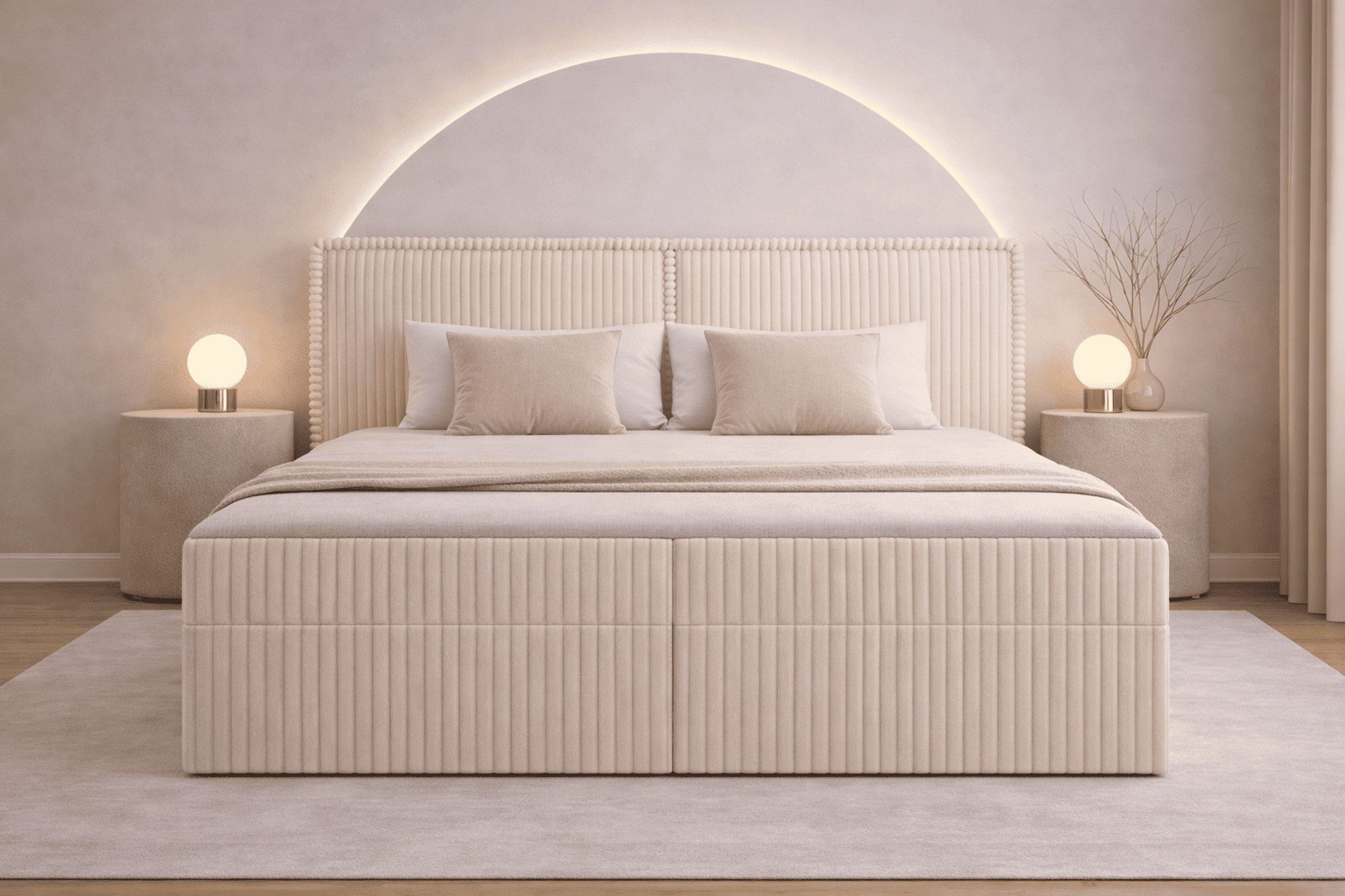 MOEBLO Boxbett Bett 04 (Bonnell + Topper, Doppelbett gepolstertes Kopfteil Bett mit Bettkasten, aus Cord, Polsterbett Kontinentalbett), (BxHxT):143/163/183x113x214cm