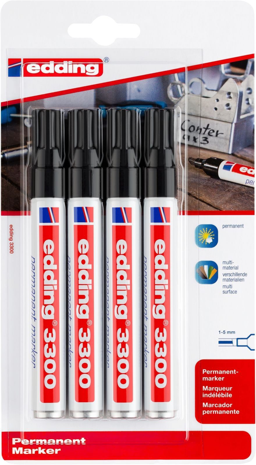 edding Permanentmarker Permanentmarker edding 3300 nachfüllbar 1-5mm schwarz 4 Stück