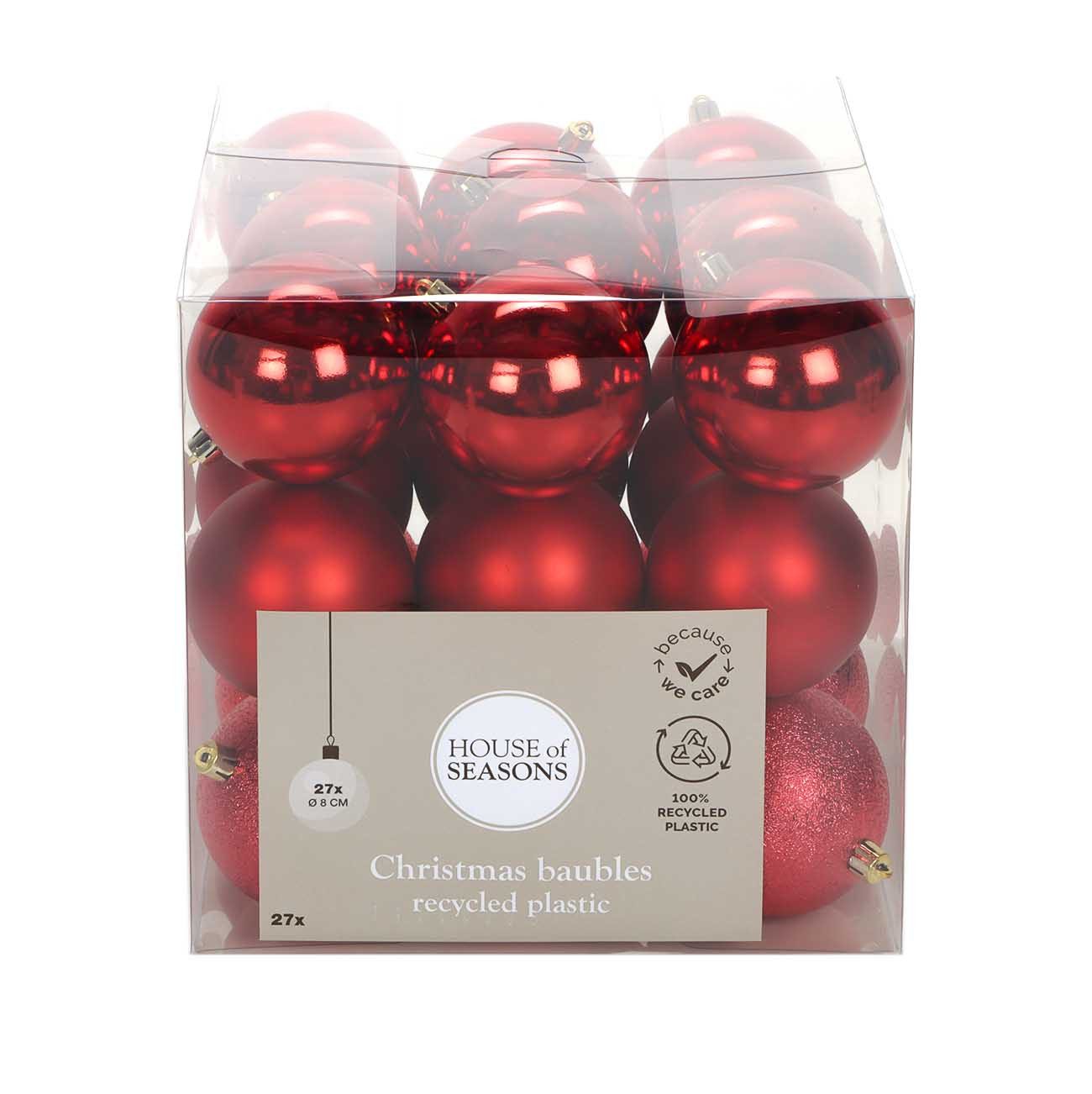 House of Seasons Weihnachtsbaumkugel 27-teiliges Set in Hochglanz, Matt und Glitzer (27 St), Weihnachtsbaumschmuck Ø 8 cm Weihnachtskugeln in rot