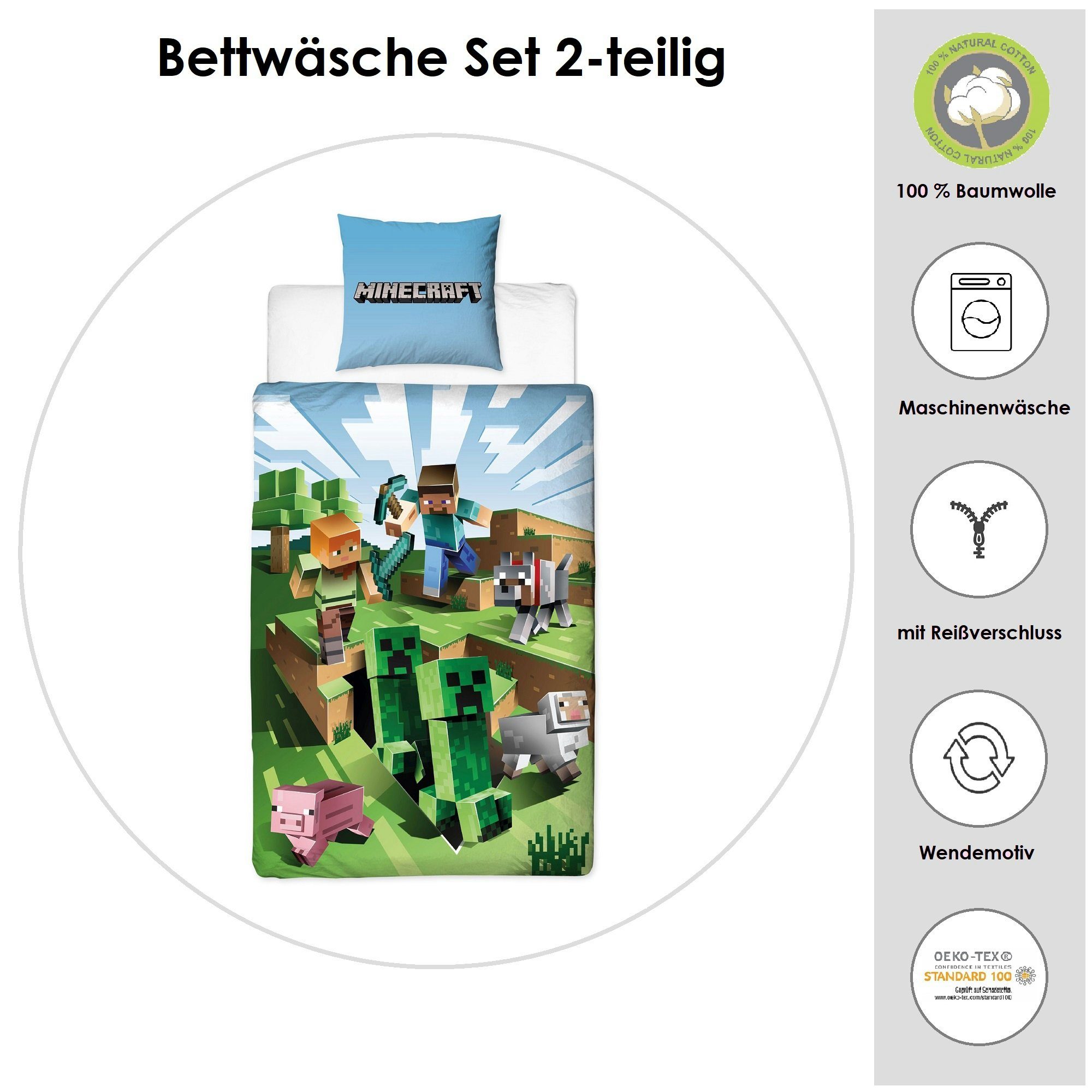 Familando Kinderbettwäsche Minecraft "Battle" 135x200 + 80x80 cm aus 100% Baumwolle mit Reißversc, Renforcé, 2 teilig, mit Charakteren Steve, Alex und Creeper