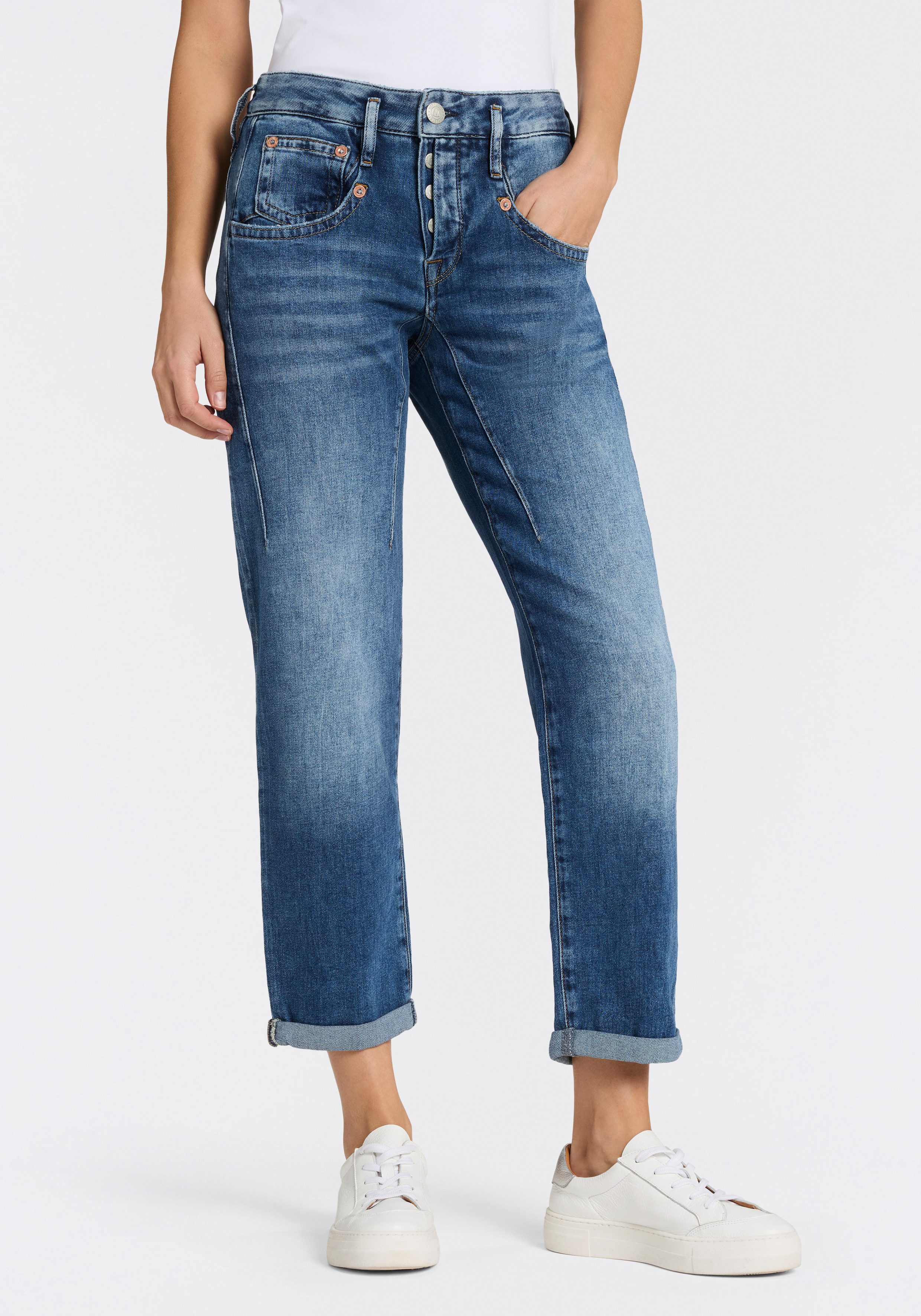 Herrlicher Boyfriend-Jeans Shyra Tap Denim Stretch mit halb verdeckter Knopfleiste, High Waist