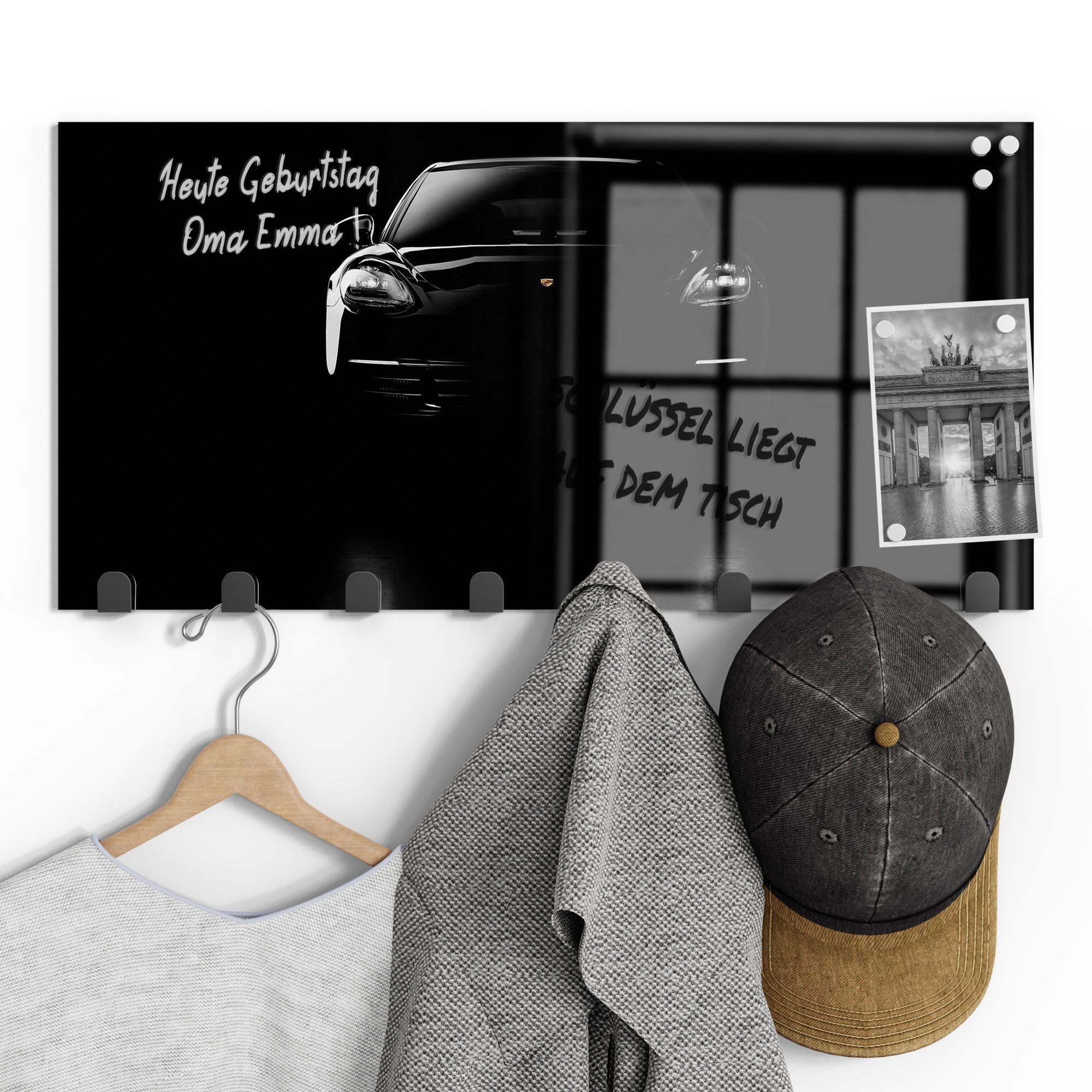 DEQORI Kleiderhaken 'Porsche Panamera Front', Glas Garderobe Paneel magnetisch beschreibbar