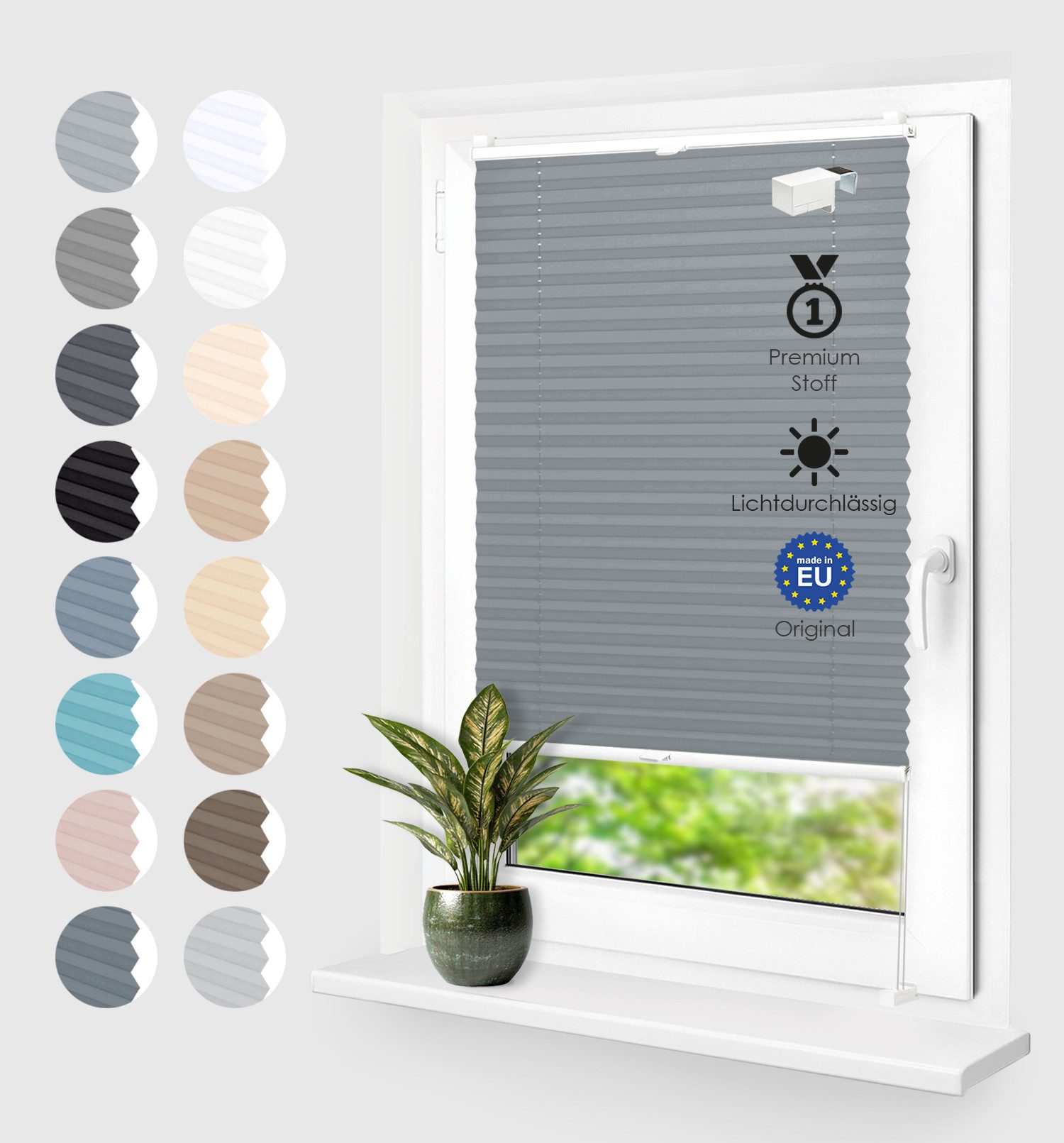 Rikmani Plissee Klemmfix ohne Bohren Grau 40x100 cm, blickdicht, Klemmfix, Sichtschutz, Sonnenschutz, einfache Montage, Stufenlos verstellbar