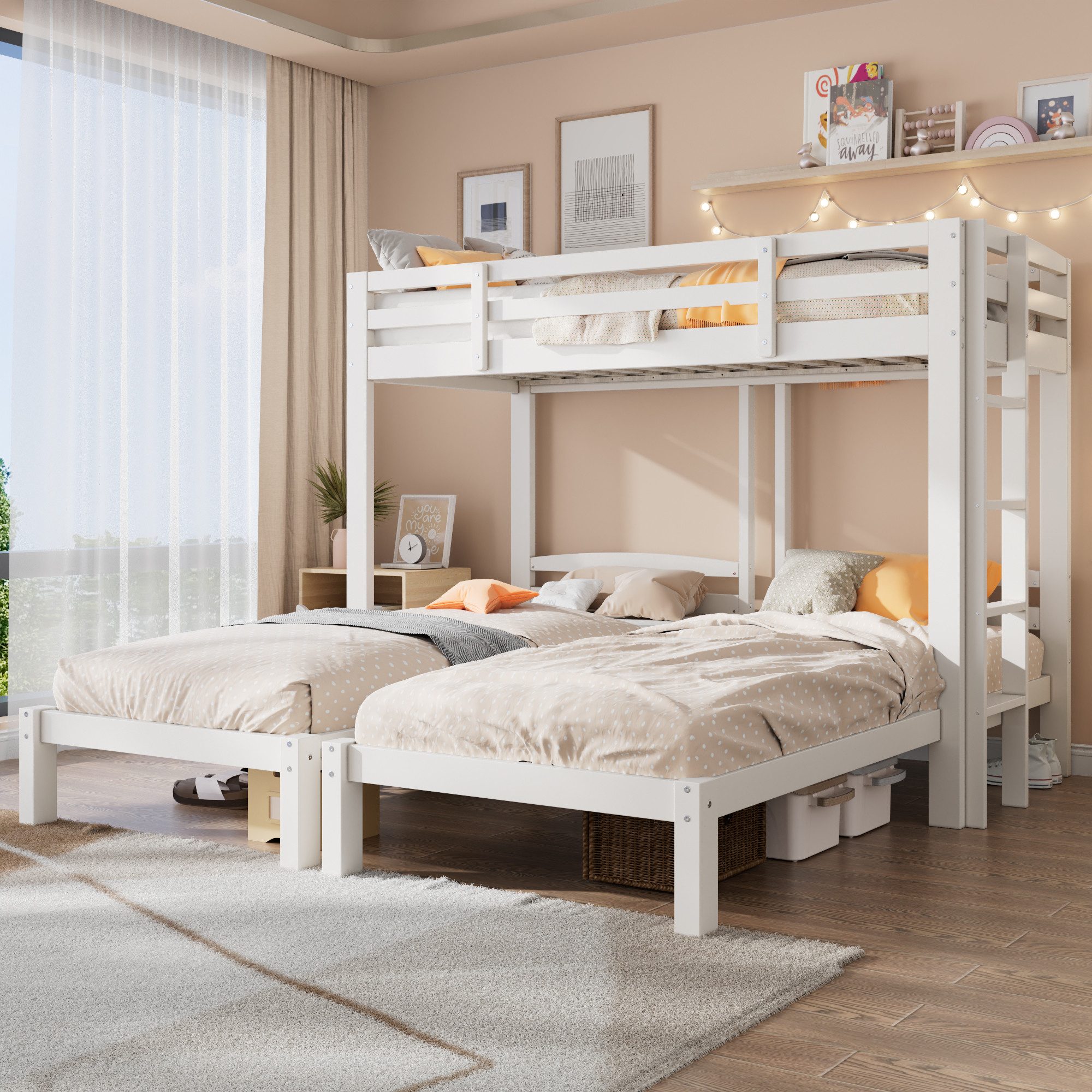 Merax Etagenbett (1-St), Holz Dreierbett Kinderbett 90x200cm mit Seitenleiter Sicherheitszaun