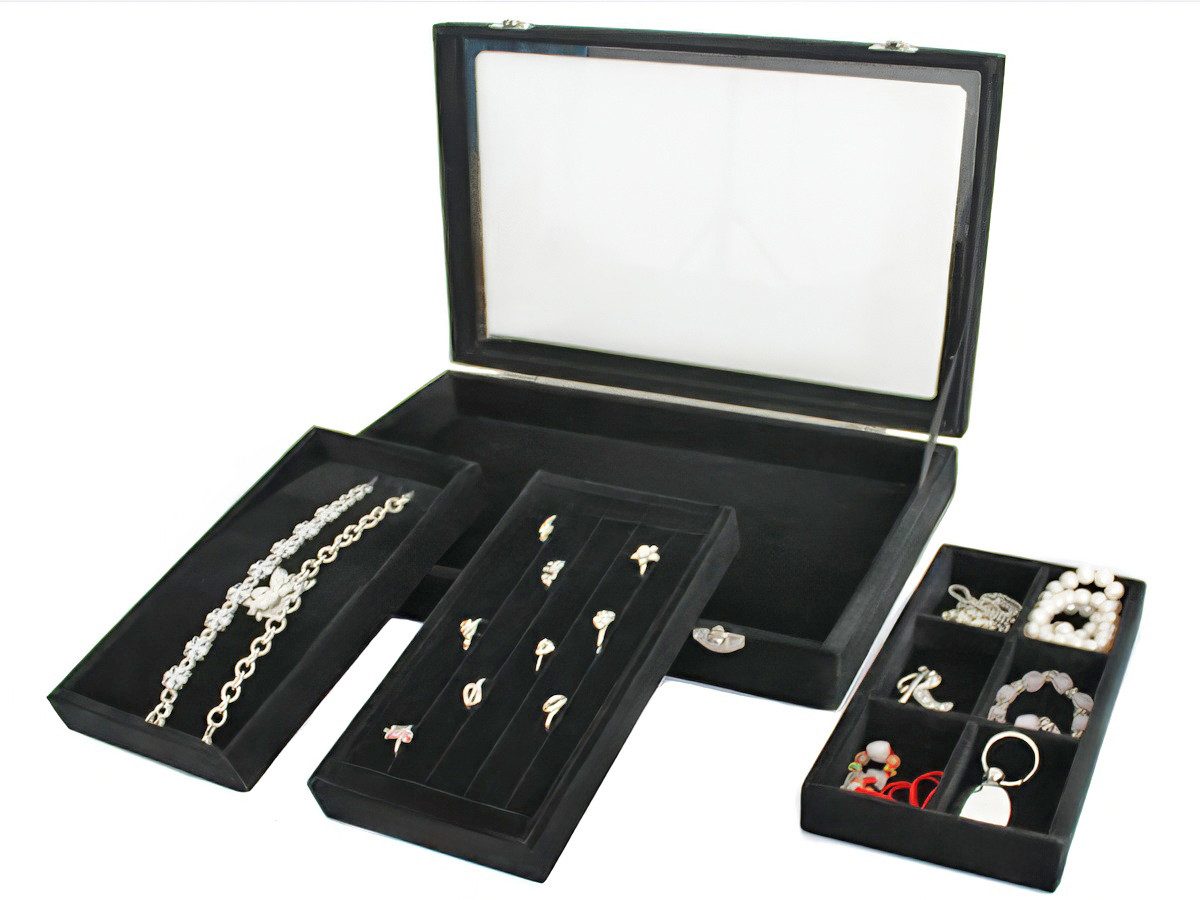 Yudu Schmuckkasten 4-teiliges Schmucktablett Set Schmuckbox mit Glasdeckel schwarz