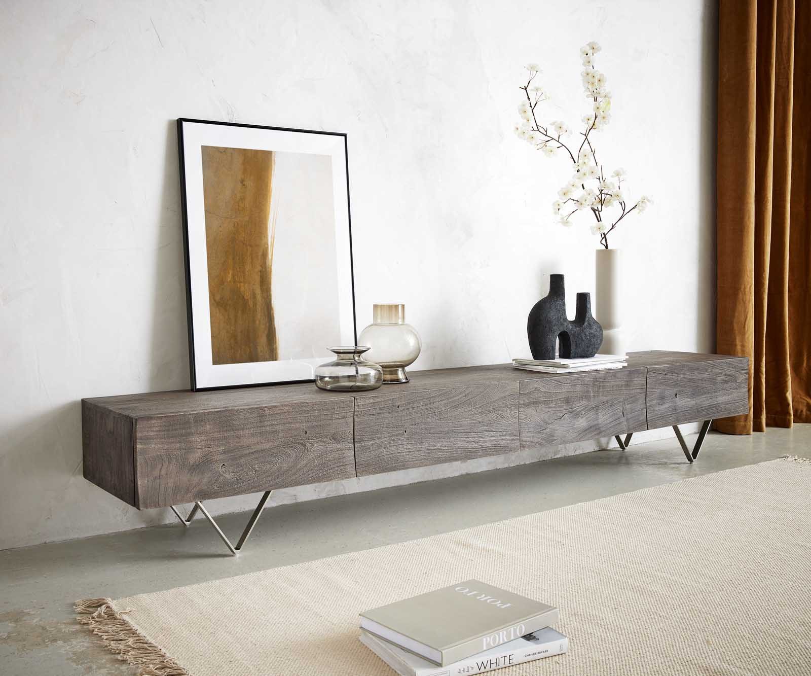 DELIFE Lowboard Wyatt, Akazie Platin 220 cm 4 Schübe V-Fuß Edelstahl günstig online kaufen