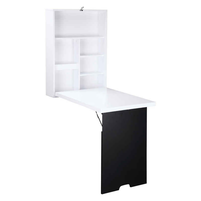 HOMCOM Klapptisch Schreibtisch Wandtisch Wandklapptisch mit Tafel, 5 Fächern (Computertisch, 1-St., Klappschreibtisch), für Büro Weiß+Schwarz 60 x 94,5 x 147 cm