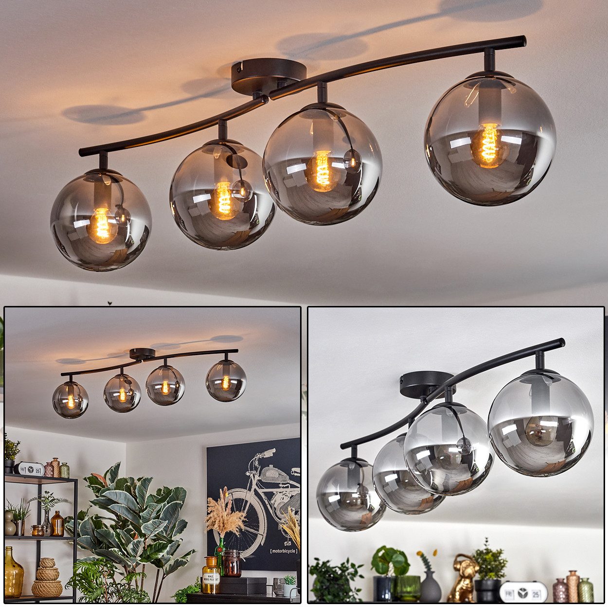 hofstein Deckenleuchte Deckenlampe aus Metall/Glas in Schwarz, ohne Leuchtmittel, Glasschirme (15 cm), 4 x E14, ohne Leuchtmittel