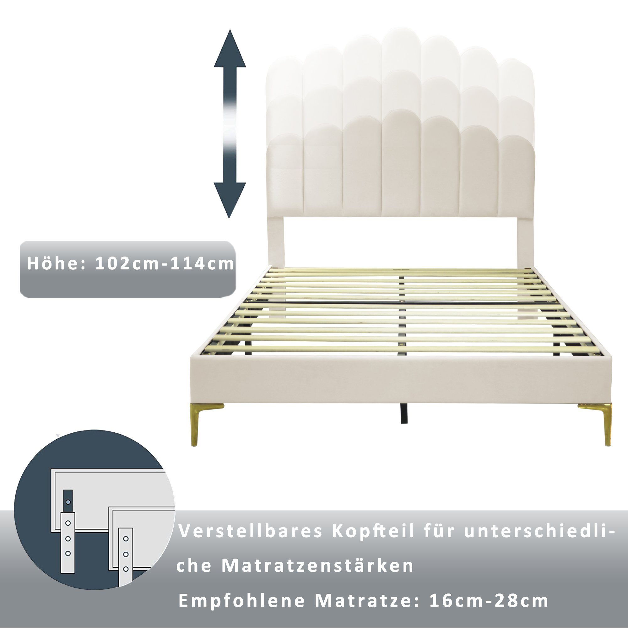 Polsterbett (Doppelbett 140 x 200 cm, ohne Matratze), mit Finger-Form & Verstellbares Kopfteil und Lattenrost, Samtstoff