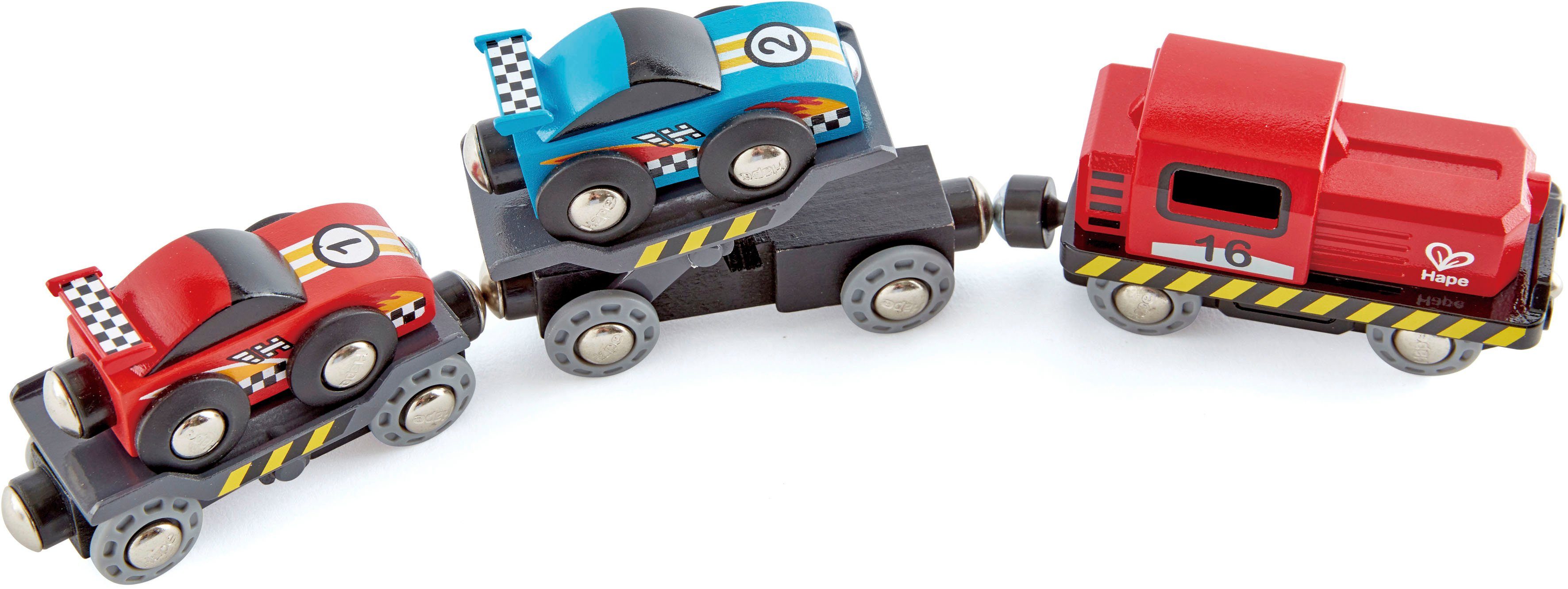 Hape Spielzeug-Eisenbahn Rennwagen-Transporter günstig online kaufen