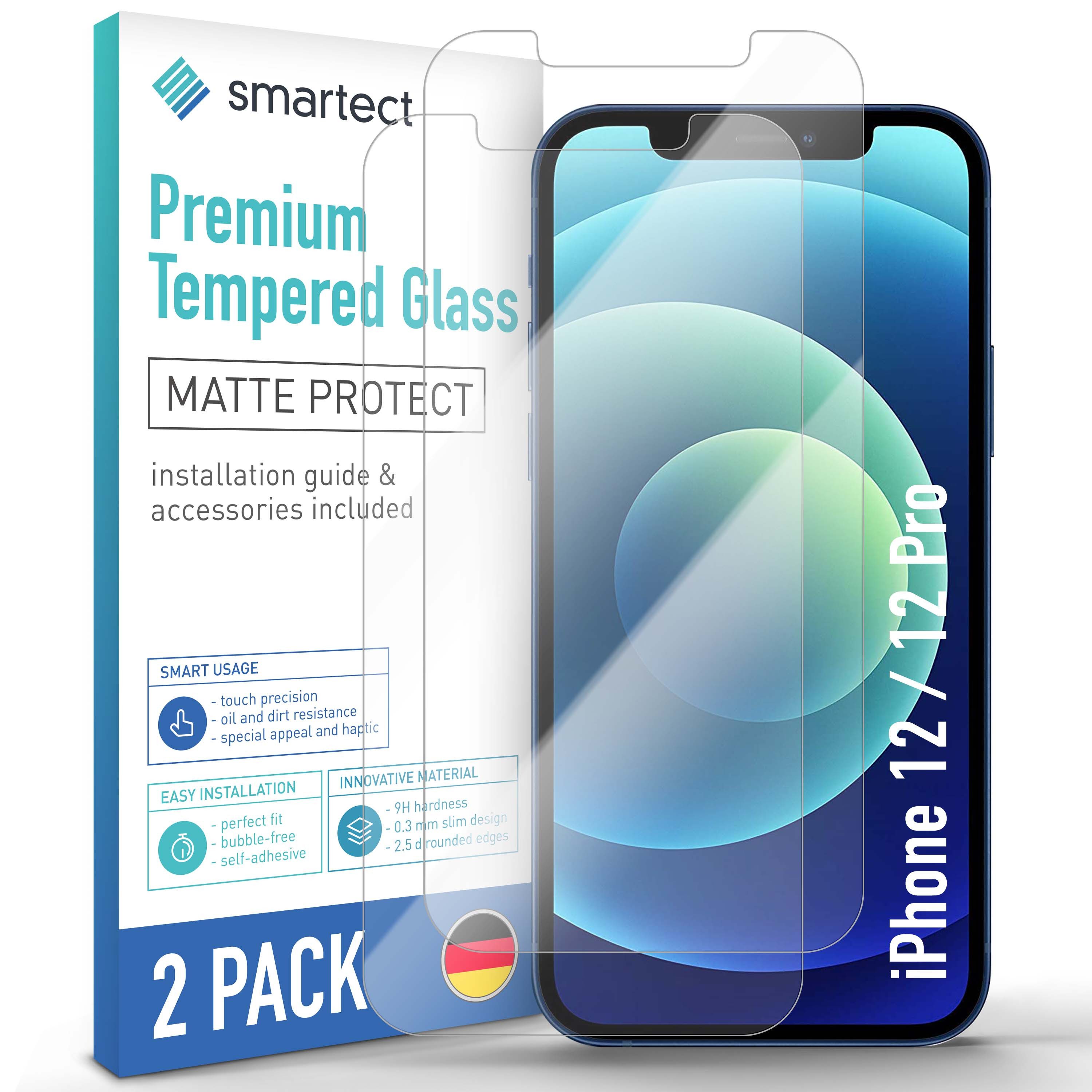 smartect Displayschutzglas 2X Schutzglas Panzerfolie Matt für iPhone 12 / 12 Pro für Apple iPhone 12 / 12 Pro, Set, 2 Stück, Entspiegelt, 9H Härte, Kratzfest, Stoßfest, Blasenfrei, Oleophob