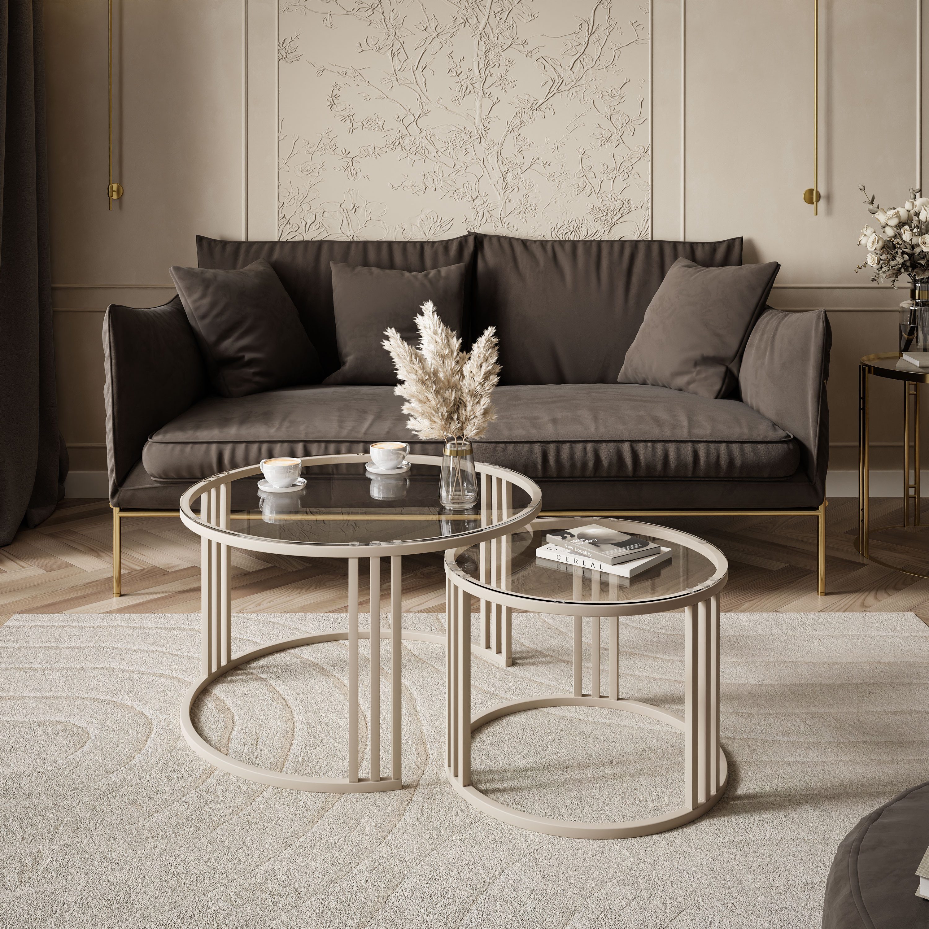 Lookway Couchtisch LORI 2in1 GLASS, runder Couchtisch mit kaschmirfarbenem günstig online kaufen