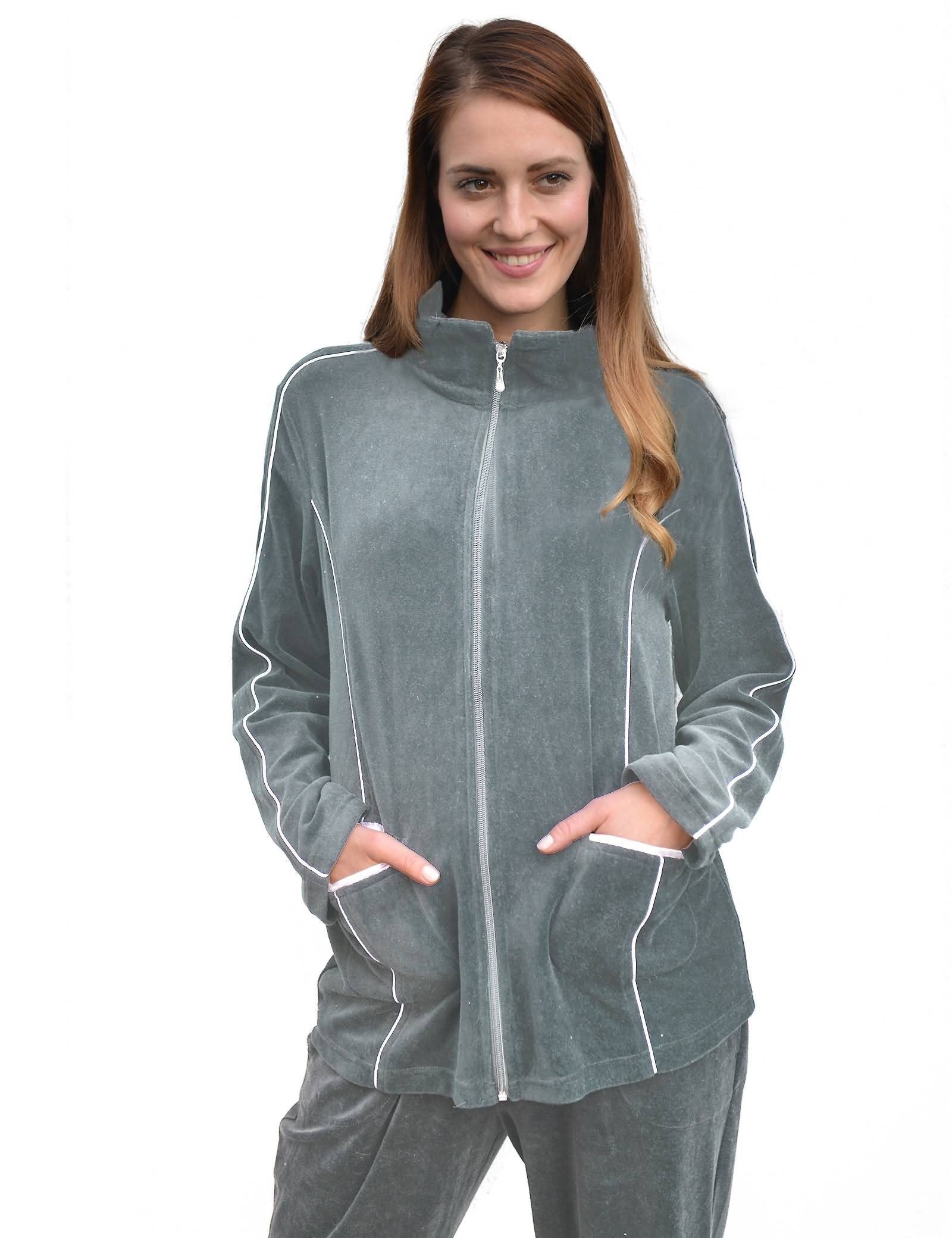 RAIKOU Hausanzug Hausanzüg Nicki Hausanzug Trainingsanzug Freizeitanzug (mit Reißverschluss und Satinband) mit Kontraspaspel-Details