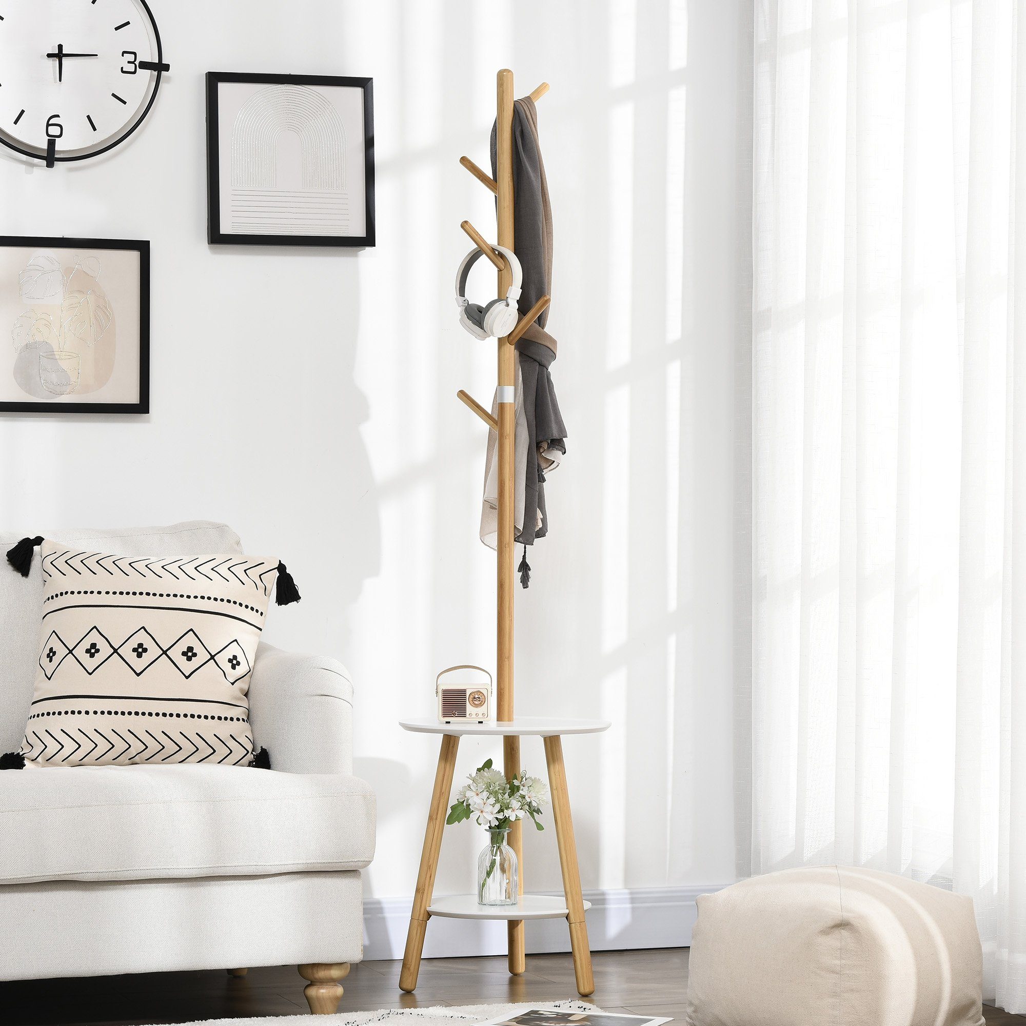 HOMCOM Garderobenständer Garderobe mit Beistelltisch und 5 Kleiderhaken, (Kleiderständer, 1 St., Standgarderobe), Naturholz 39,5 x 39,5 x 171 cm