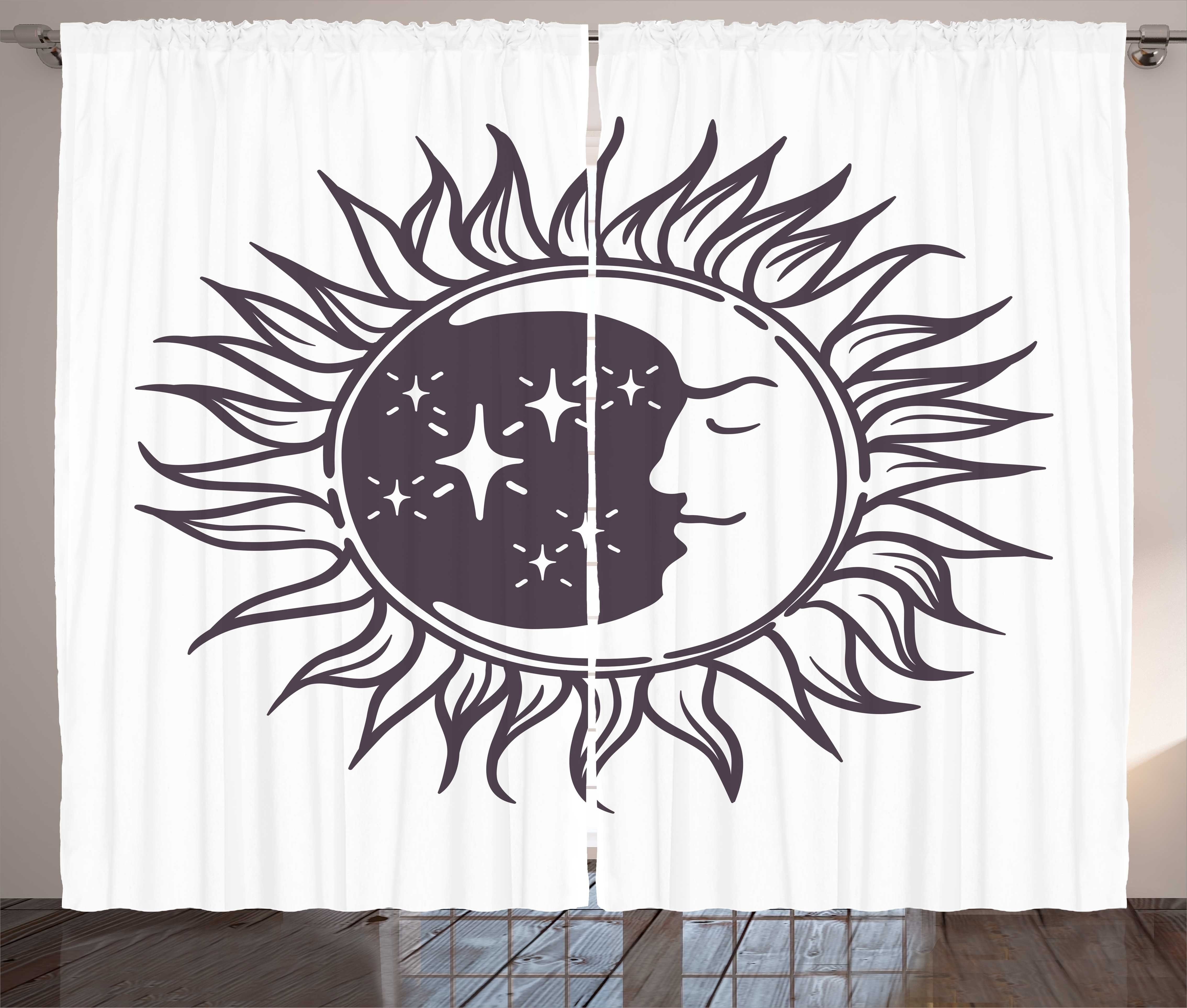 Gardine Schlafzimmer Kräuselband Vorhang mit Schlaufen und Haken, Abakuhaus, Mond-Strahlen Cartoon Crescent in Sun