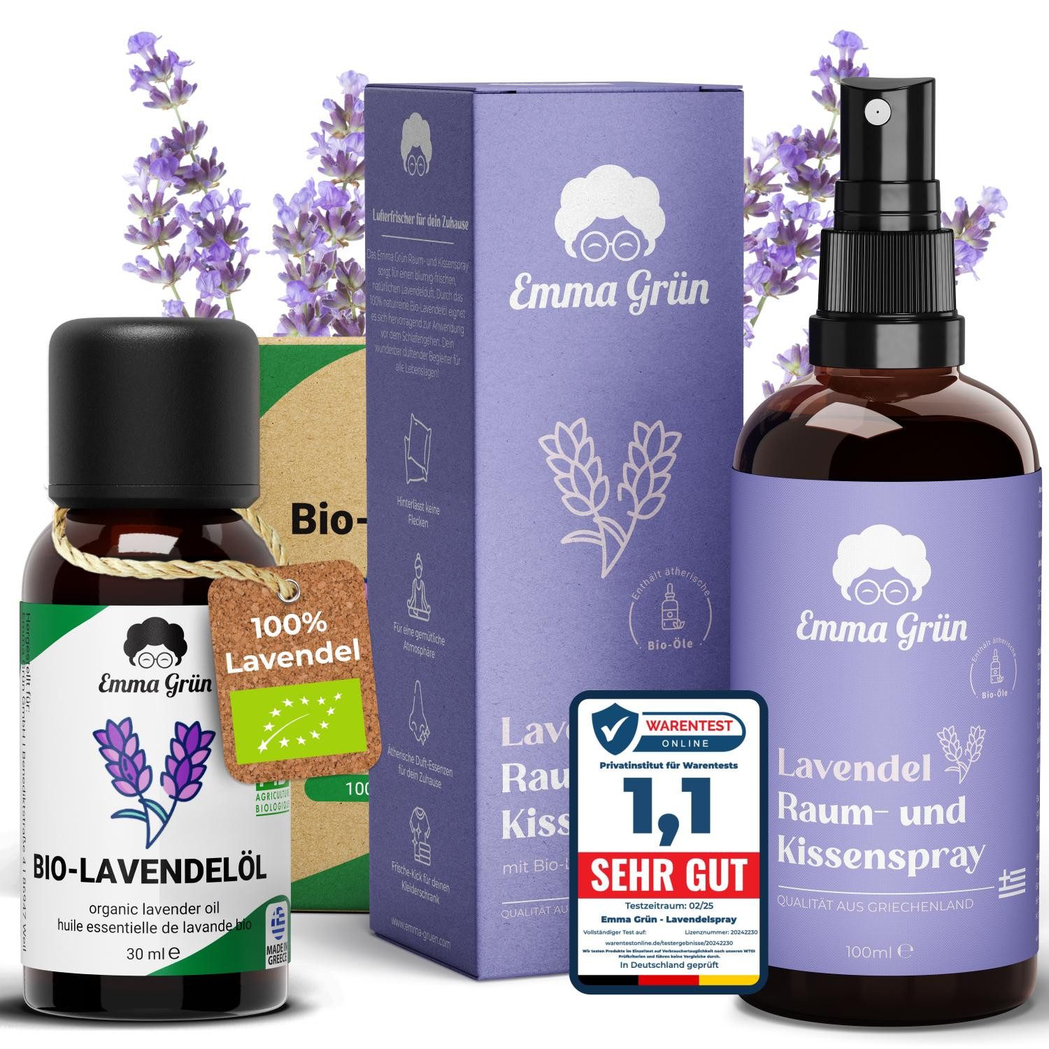 Emma Grün Duftöl Lavendel Liebe Sparset, Bio-Öl & Bio-Raumspray (Spar-Set, 1x Bio Lavendelöl 30 ml, 1x Raumspray Lavendel 100 ml), Höchste Bio-Zertifizierung, natürlicher Duft ohne Zusätze