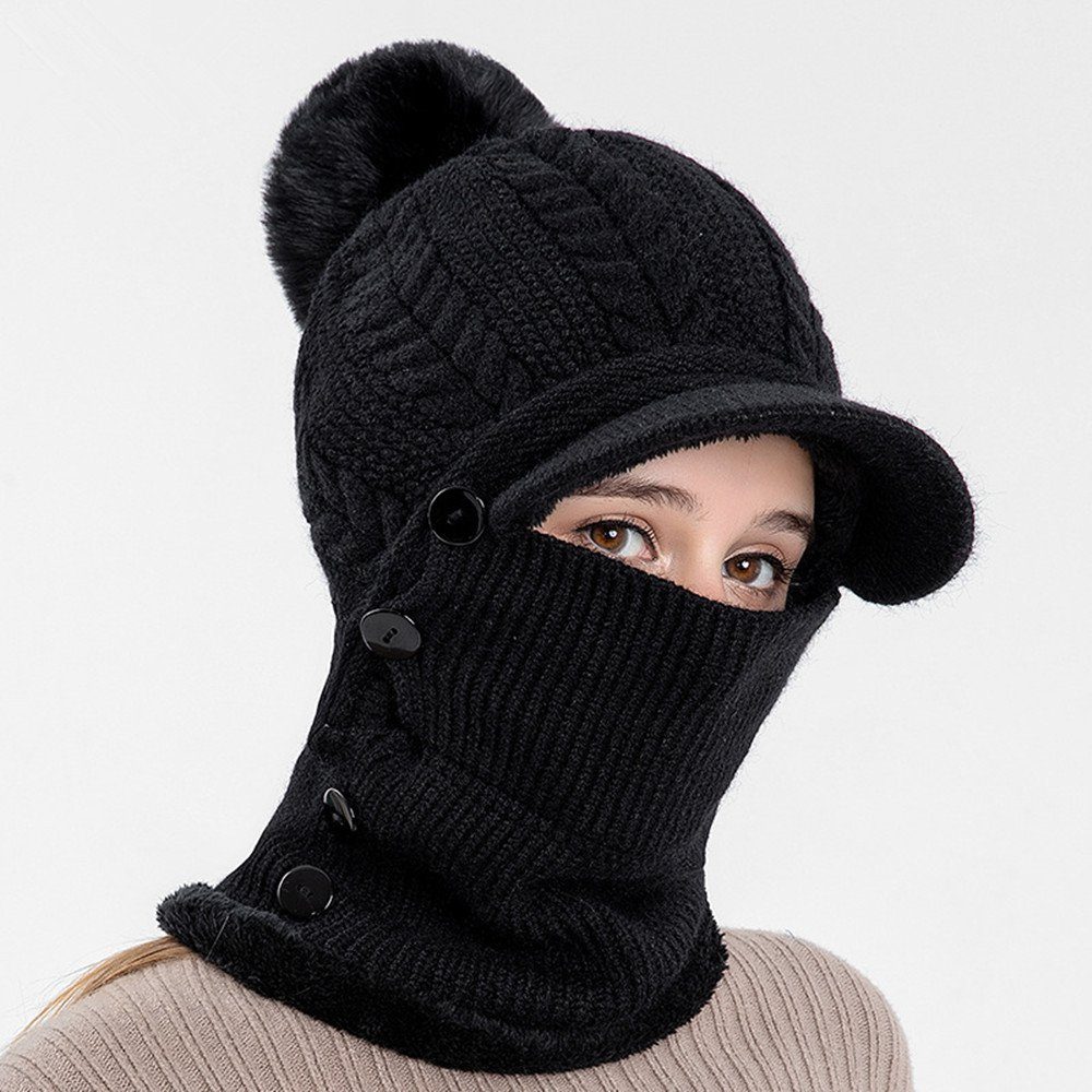 XDeer Strickmütze Damen Wintermütze mit Schirm Fleece Gefüttert Strickmützen 3 In 1 Verstellbarer Gesichtsschutz für Damen black