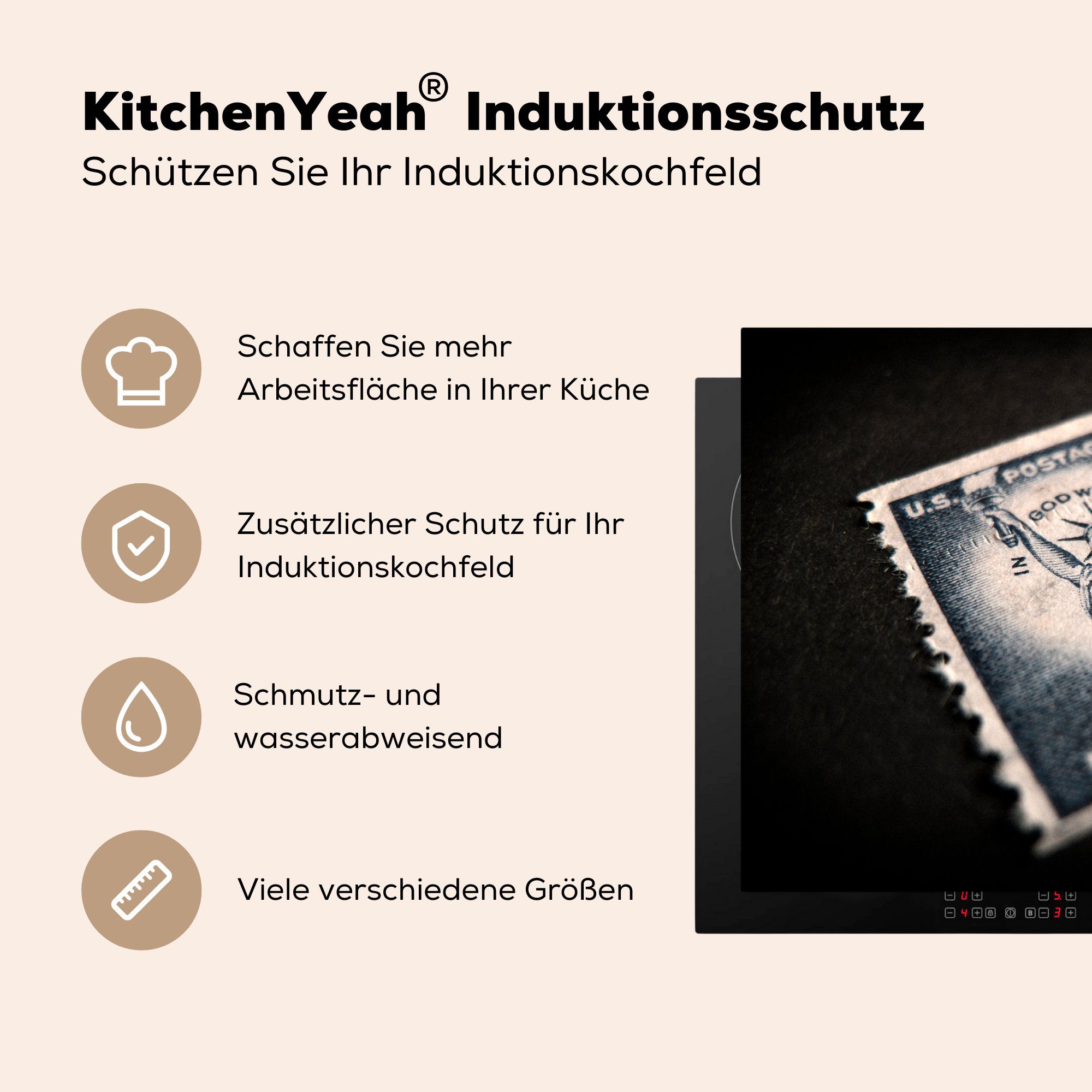 cm, Vinyl, Mobile Herdblende-/Abdeckplatte tlg), Briefmarke Arbeitsfläche (1 70x52 Ceranfeldabdeckung MuchoWow nutzbar, Freiheitsstatue,