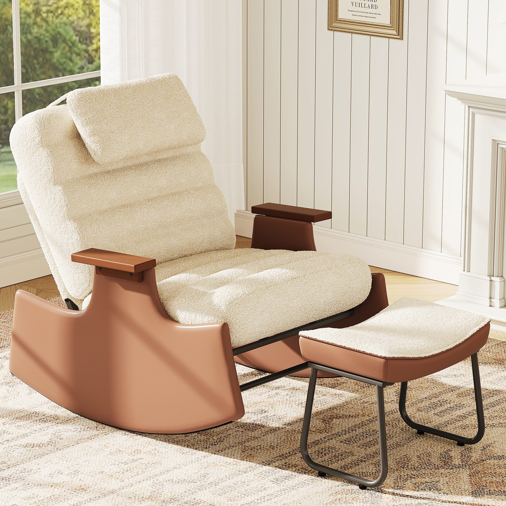 FUROKOY Schaukelstuhl Relaxsessel 3-stufia verstellbare Rückenlehne (Set, 1 St), Wohnzimmersessel mit Armlehnen und Hocker Teddystoff,Beige,62x52x81cm