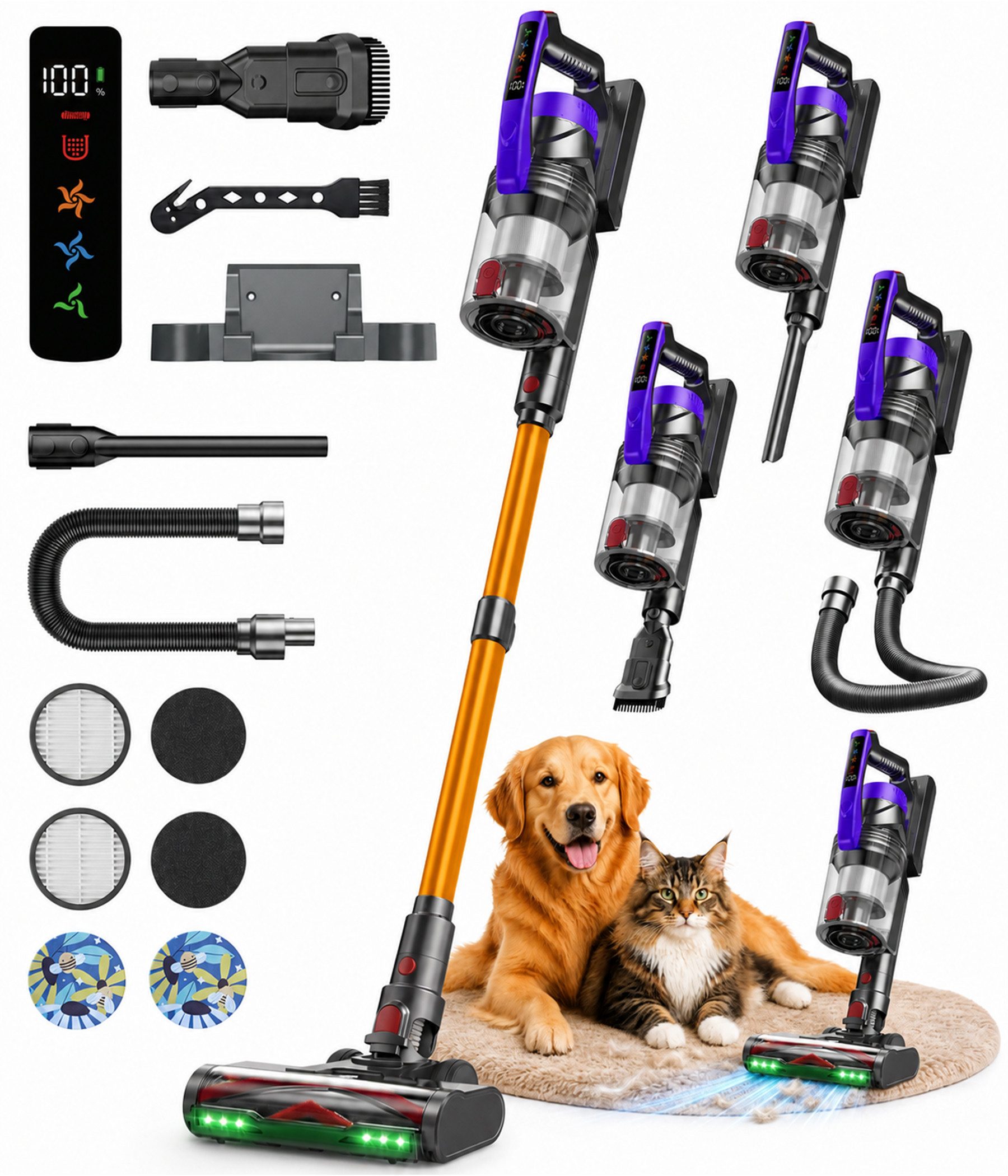 ZOOMCAT Akku-Stielstaubsauger Hand- und Stiel-Staubsauger Kabellos,89KPA/760W/70Mins akkustaubsauger, 760 W, beutellos, V‑förmige Antitangle‑Bürste, Flexibler Bürstenkopf, Kabellos & leicht