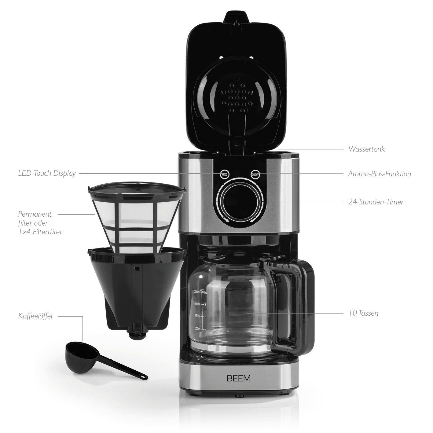 Filterkaffeemaschine, 1.25l FRESH-AROMA-SWITCH Kaffeekanne, BEEM Glas