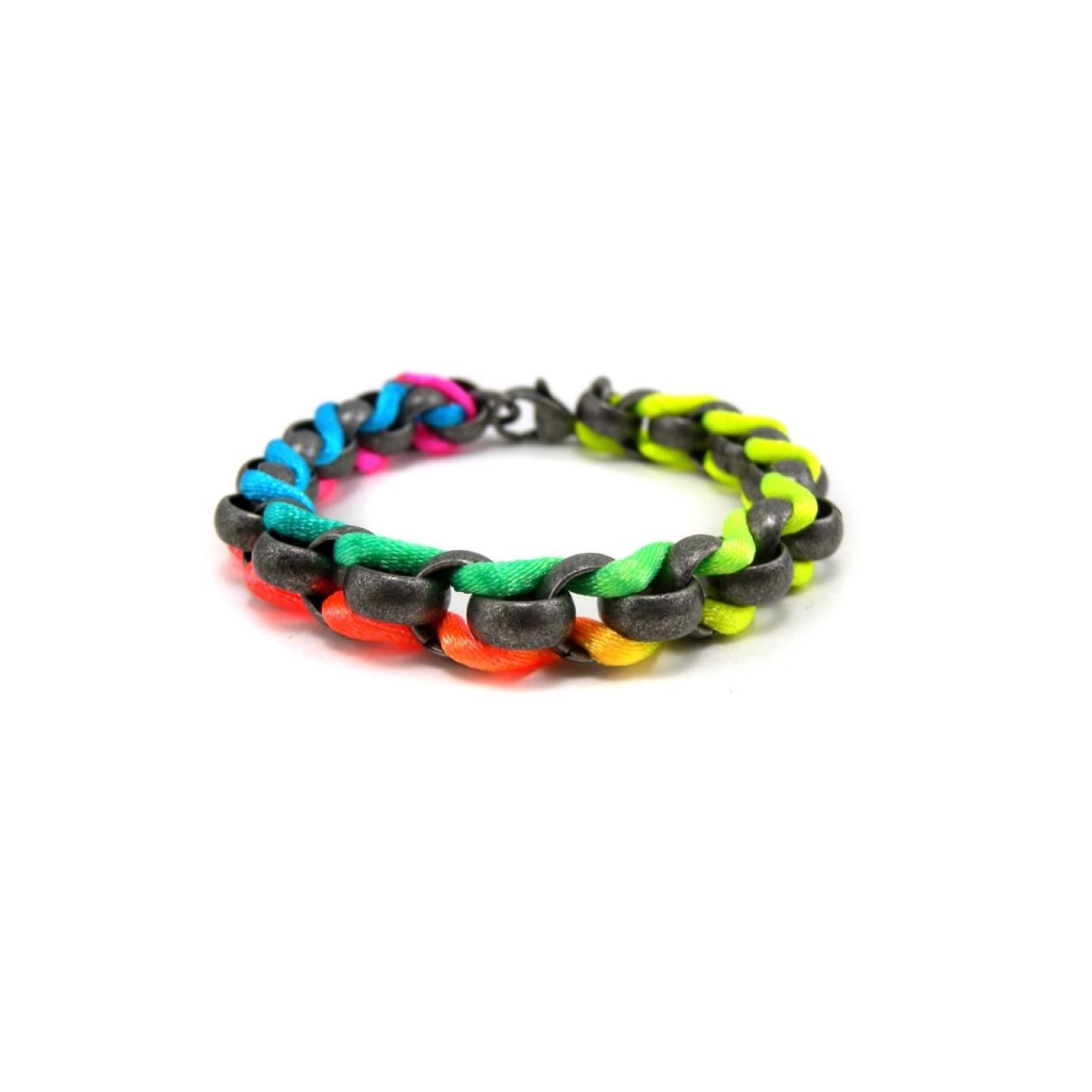 Kingka Gliederarmband aus Edelstahl antikfarben mit eingeflochtenen Textilband neonfarben, zu Shirt, Bademode, Jeans, Sneaker, ! Büro, Urlaub, Party, Festival