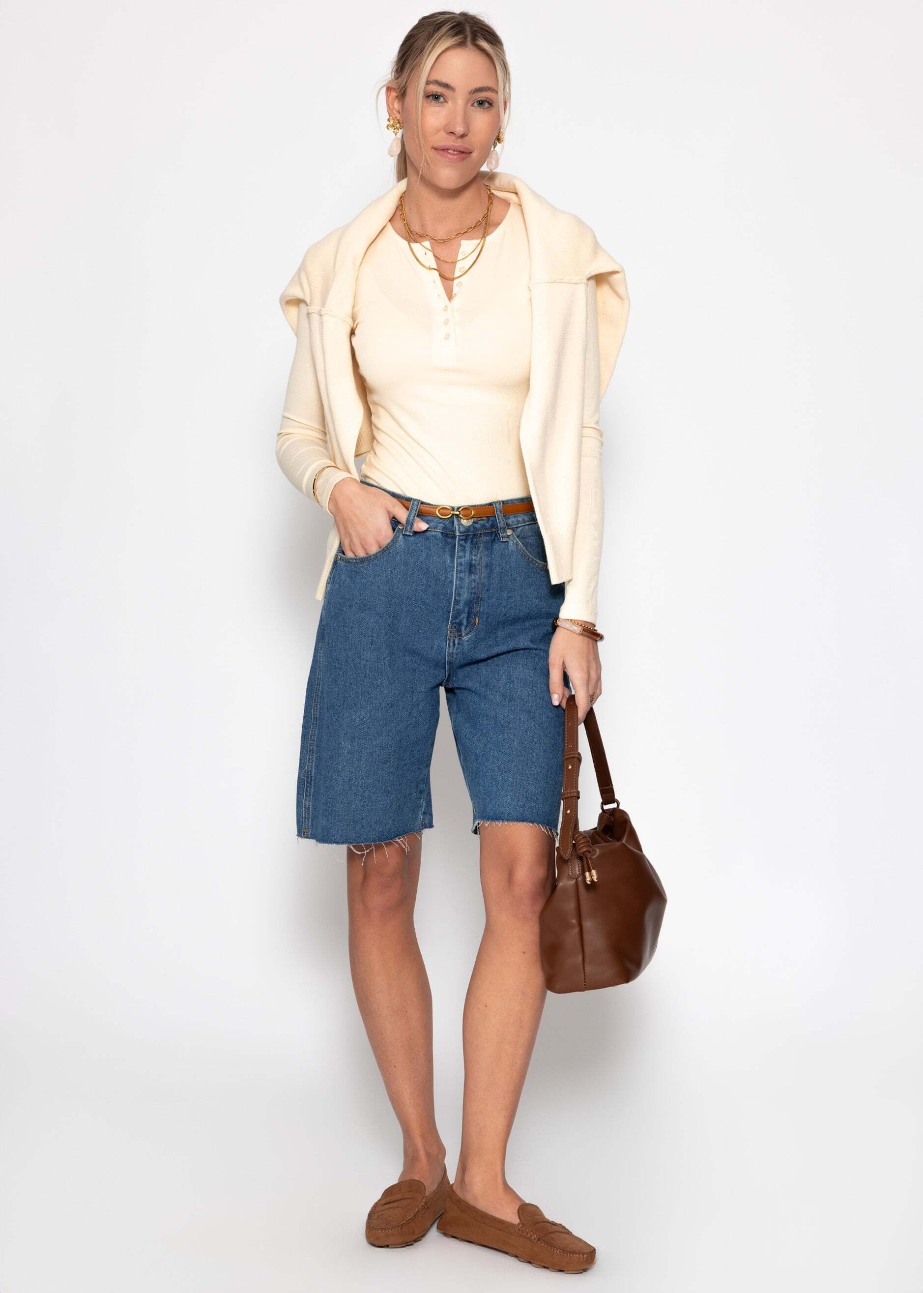 SASSYCLASSY Shorts Bermuda Jeans Shorts für Damen Zeitlose Baumwollshorts im 5 Pocket Design und lockerer Passform Blau