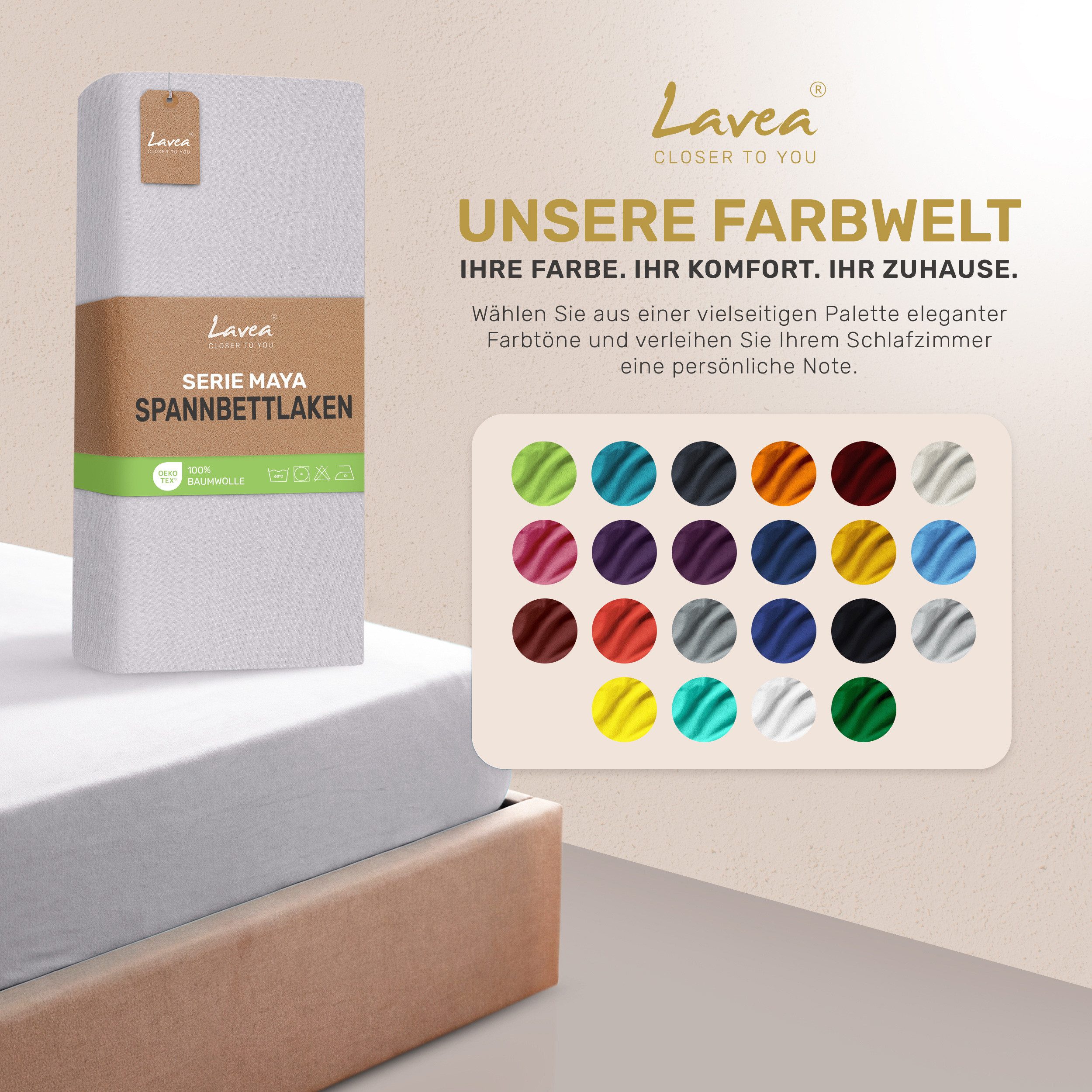 Lavea Spannbettlaken Bettlaken Maya, 180x200cm, 200x200cm, 140x200cm, 160x200cm, 100% Baumwolle Jersey, Gummizug: rundum, (1 Stück), für Matratzen, Topper, Boxs – Bild 4 von 5