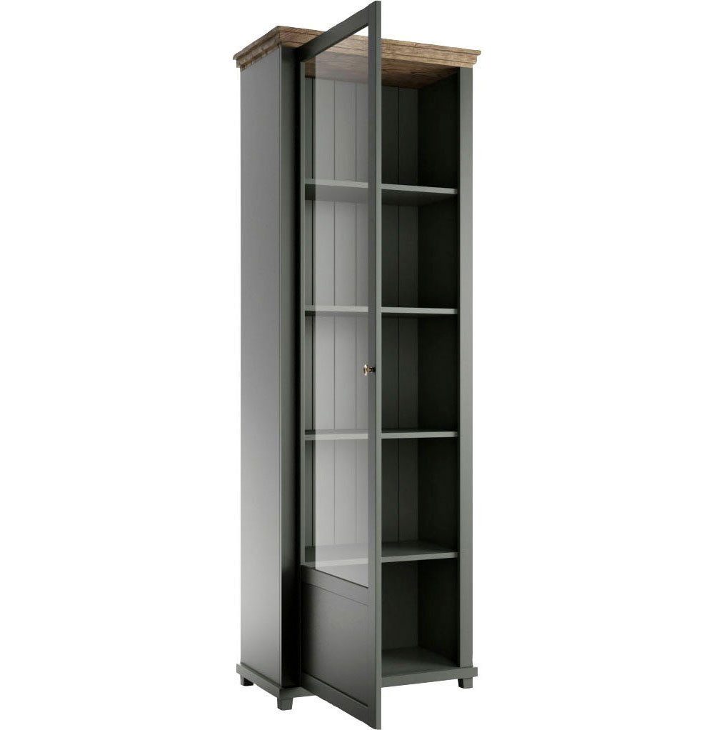 Helvetia Vitrine Elda (mit Tür, mit Einlegeböden, 1-St., moderne Optik, 1-türig mit Glaseinsatz) 71x42x200cm grün / Eiche Lefkas 1-türig