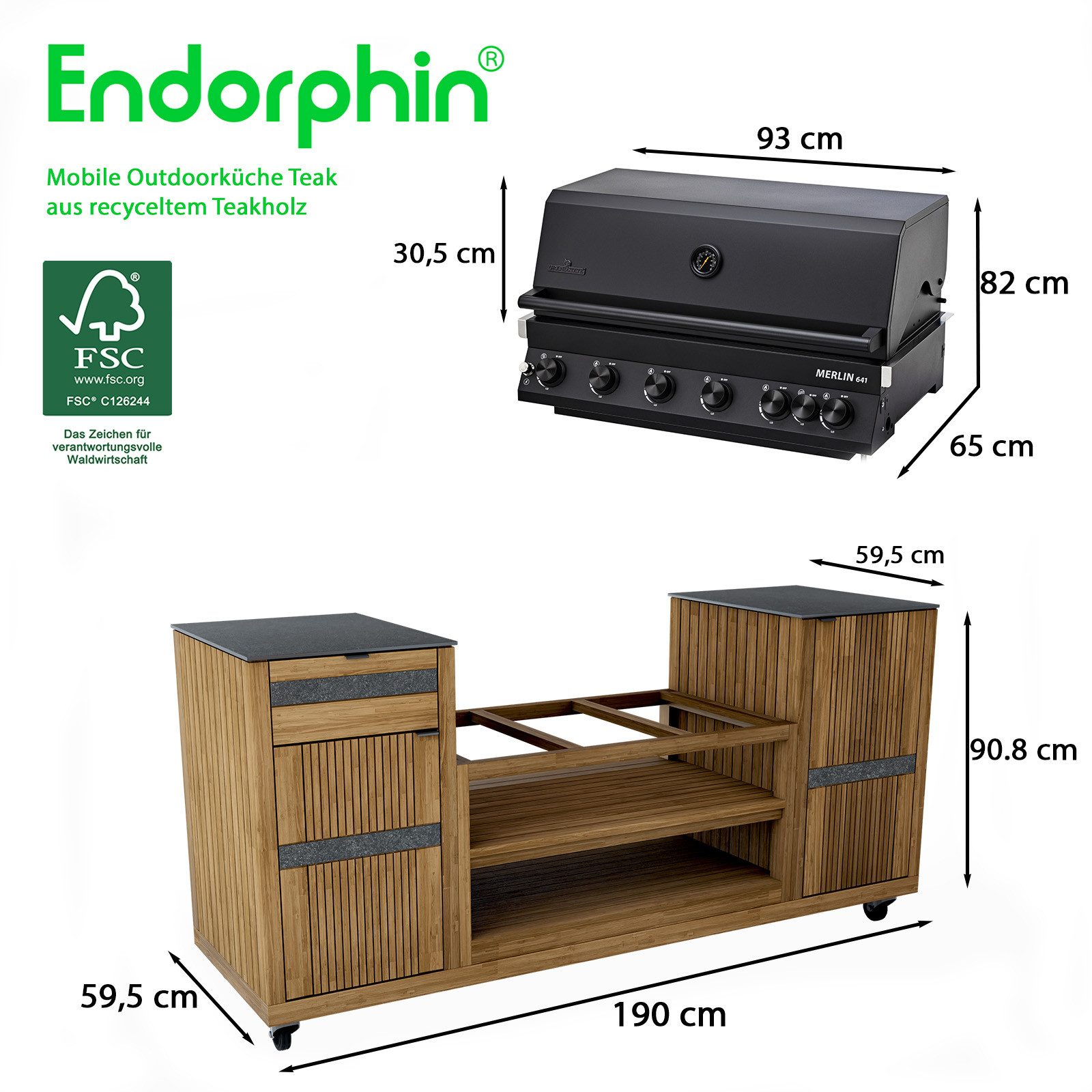 Endorphin Outdoor-Küche Poly-Outdoorküche Schwarz inkl. Merlin 641 Gasgrill