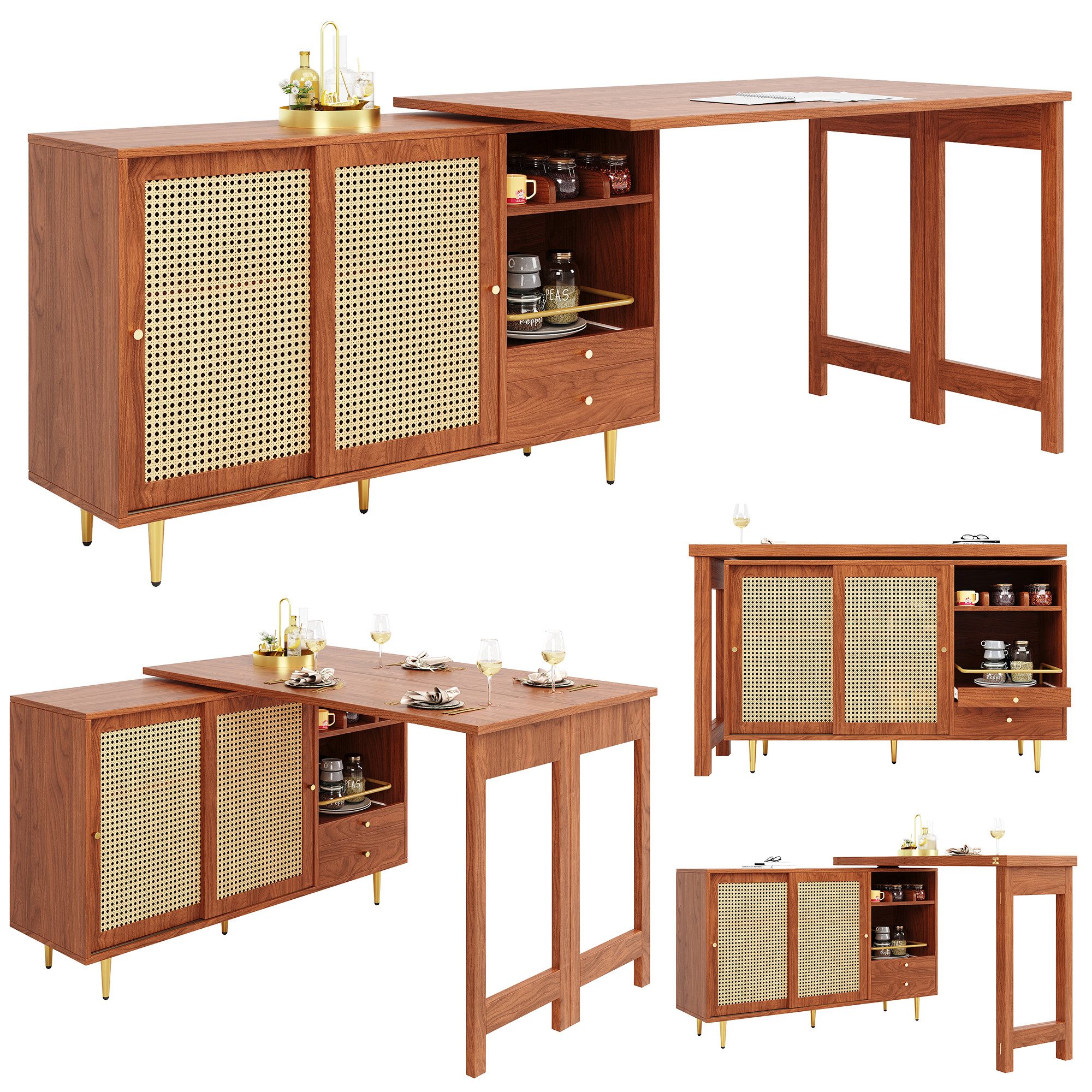 OUTMAX Stehtisch Um 360° drehbarer Stehtisch mit erweiterbarem Design (Set, 1-St., Ein drehbarer Stehtisch), Aufbewahrungsschrank mit Rattantür + offenes Lagerregal