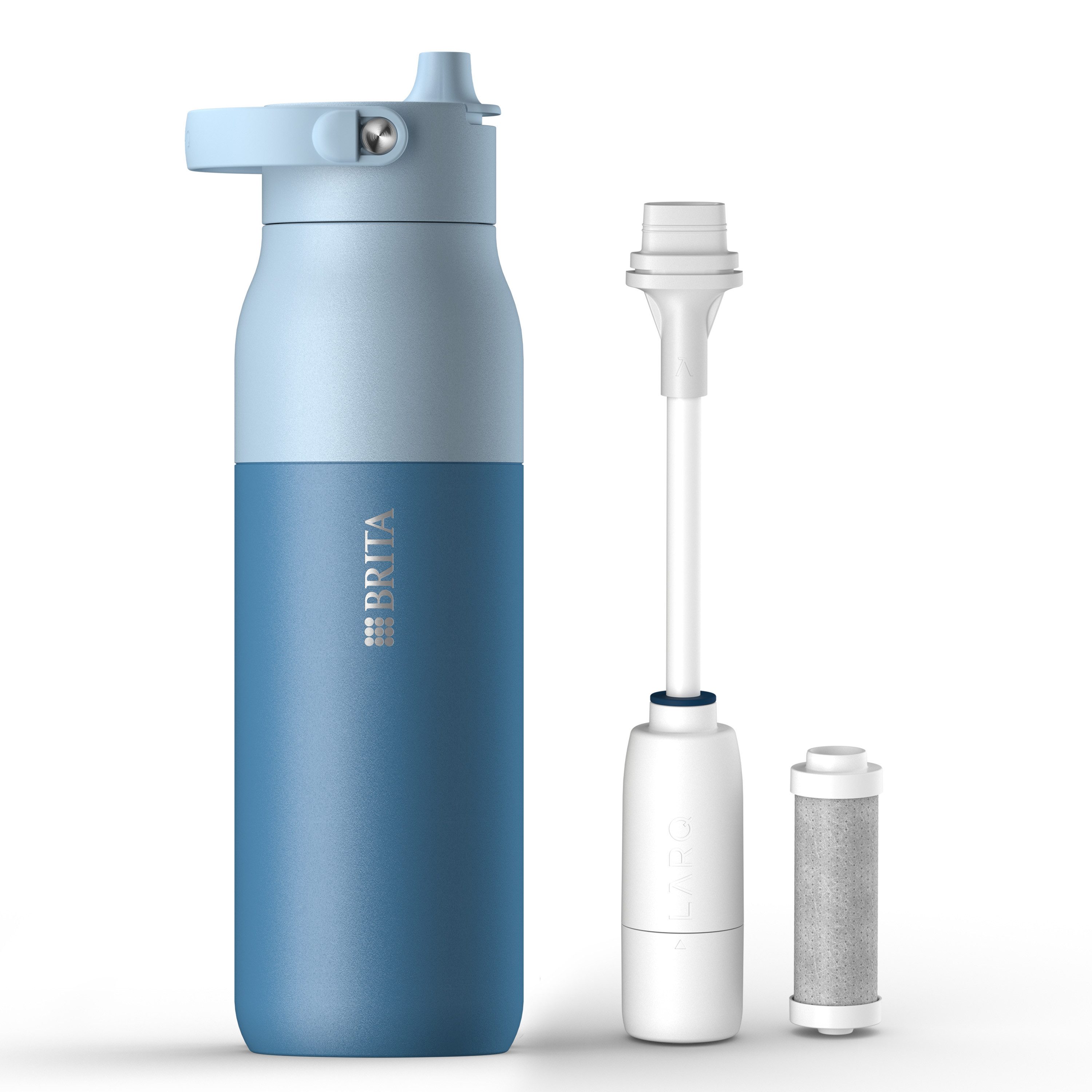 BRITA Trinkflasche BRITA LARQ Essential Filter Trinkflasche (1L) mit Strohhalm, Edelstahl Wasserflasche mit doppelwandiger Isolierung - hält 24h kalt