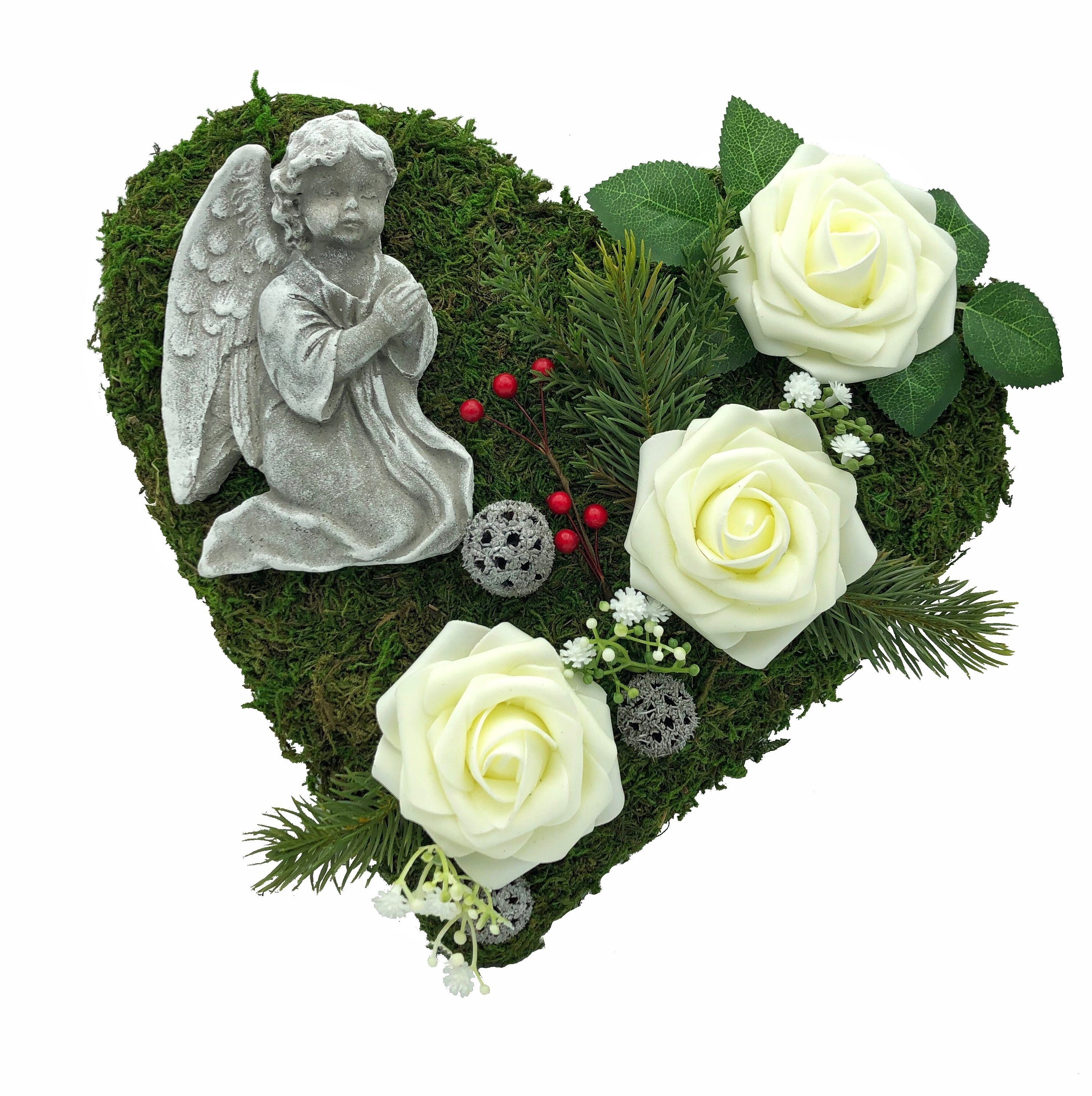 Radami Gartenfigur Grabgesteck Grabherz Gesteck mit Engel - 30cm- 3 weiße Rosen