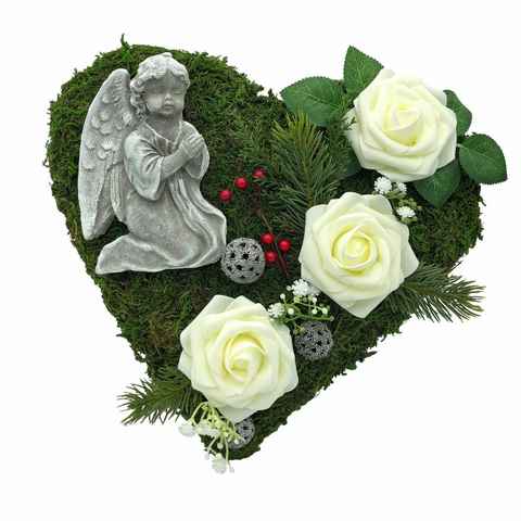 Radami Gartenfigur Grabgesteck Grabherz Gesteck mit Engel - 30cm- 3 weiße Rosen