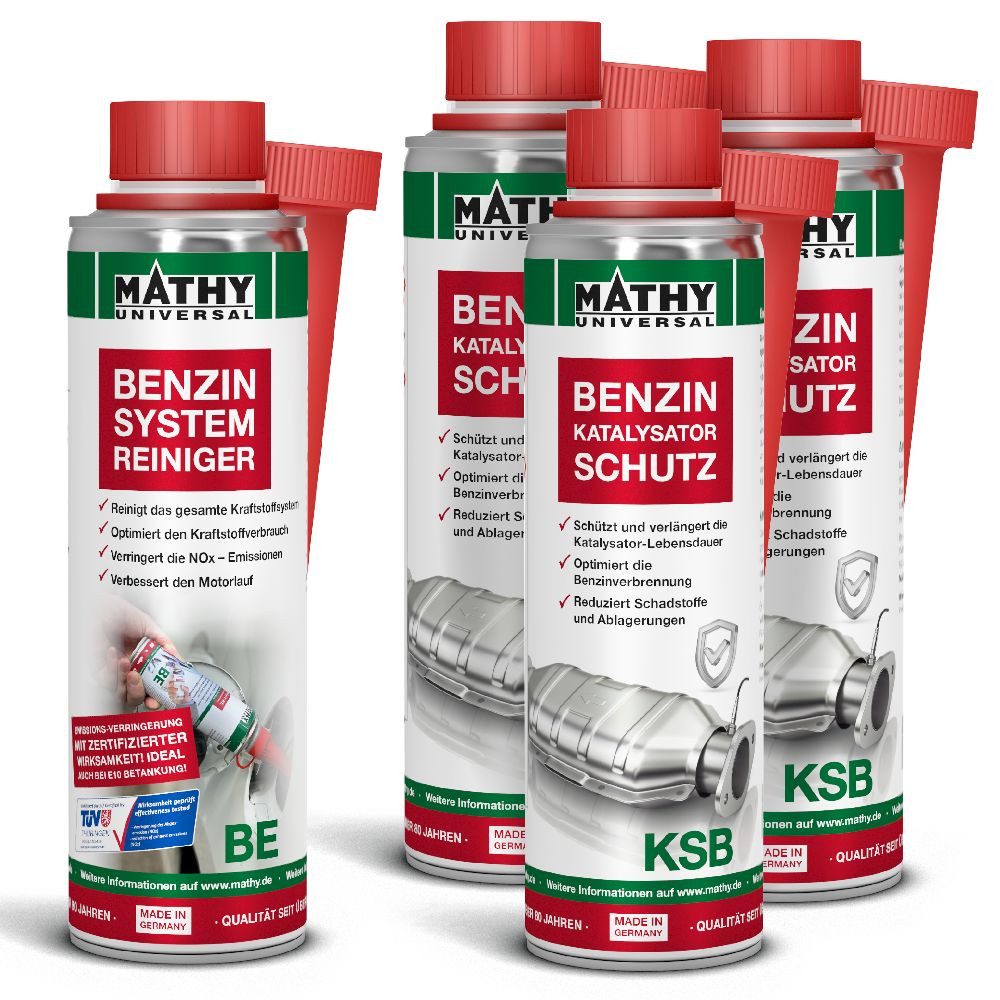 MATHY Benzin-Stabilisator MATHY Benzin-KAT-Schutz-Kur, 1,0 l, (Spar-Set, 4-St., 1 × 250 ml MATHY-BE + 3 × 250 ml MATHY-KSB) Schutz für Abgasstrang + Katalysator