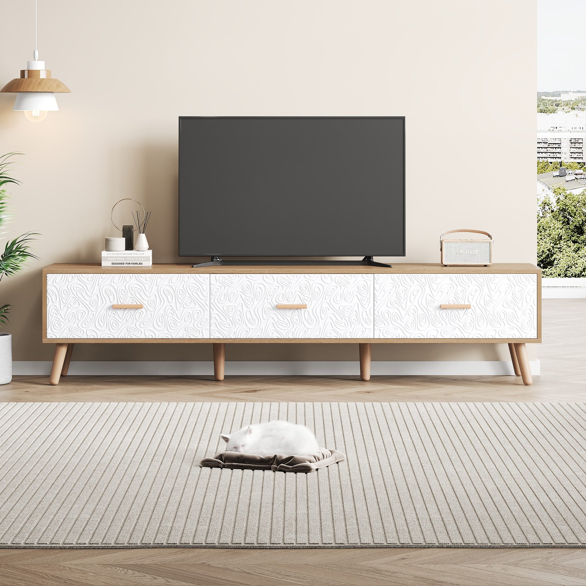 OKWISH Lowboard TV-Schrank mit Vintage-Grain & 3 Schubladen (TV-Schrank, Fernsehtisch,TV-Board,TV-Ständer, 1 St., Für eine stilvolle und ordentliche Medienaufbewahrung), 150x35x39 cm in Holz/Weiß, als schlankes TV-Board