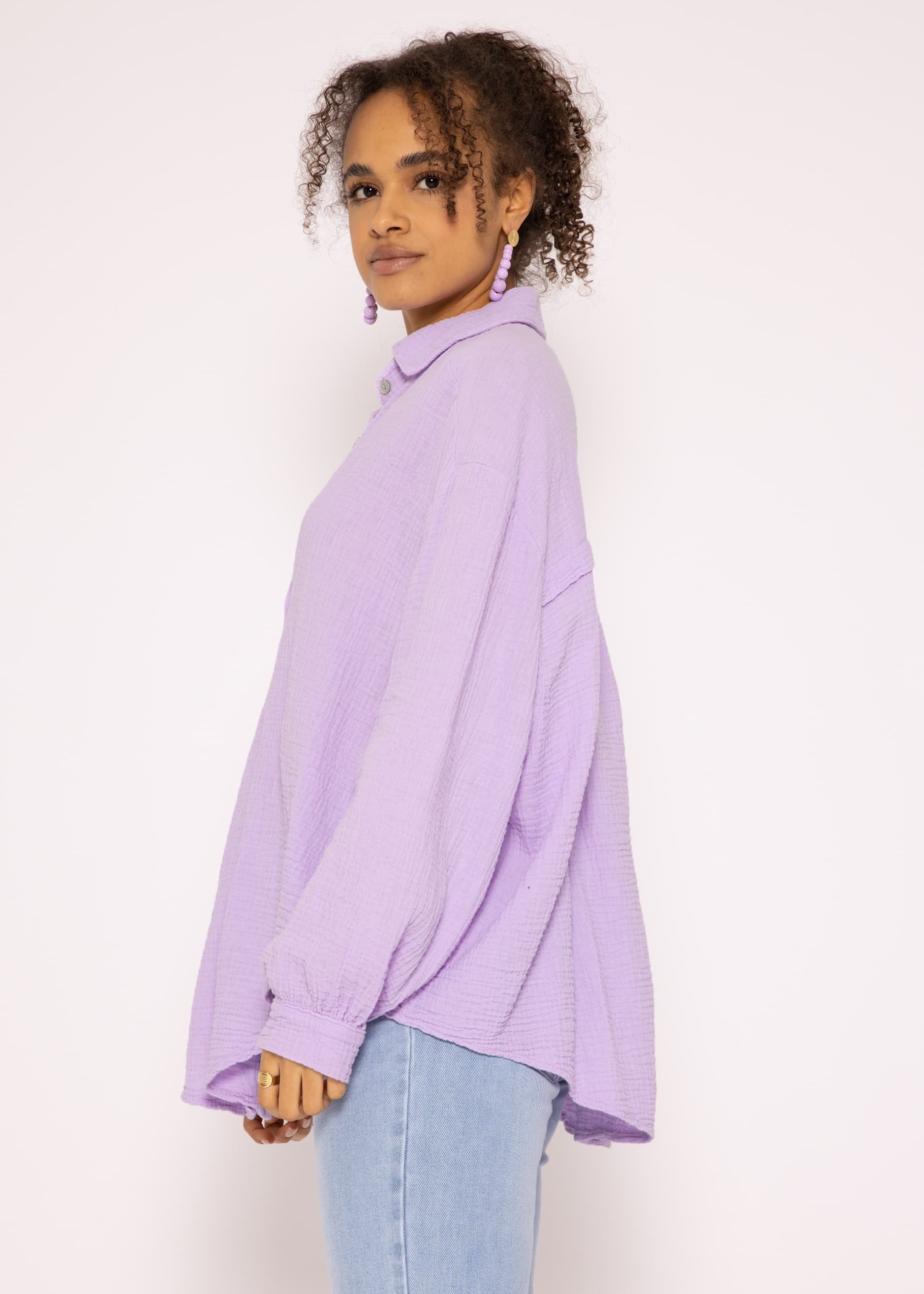 Flieder lang (Gr. 36-48) Damen Langarm Oversize SASSYCLASSY Size Musselin Bluse aus Longbluse Baumwolle mit V-Ausschnitt, One Hemdbluse