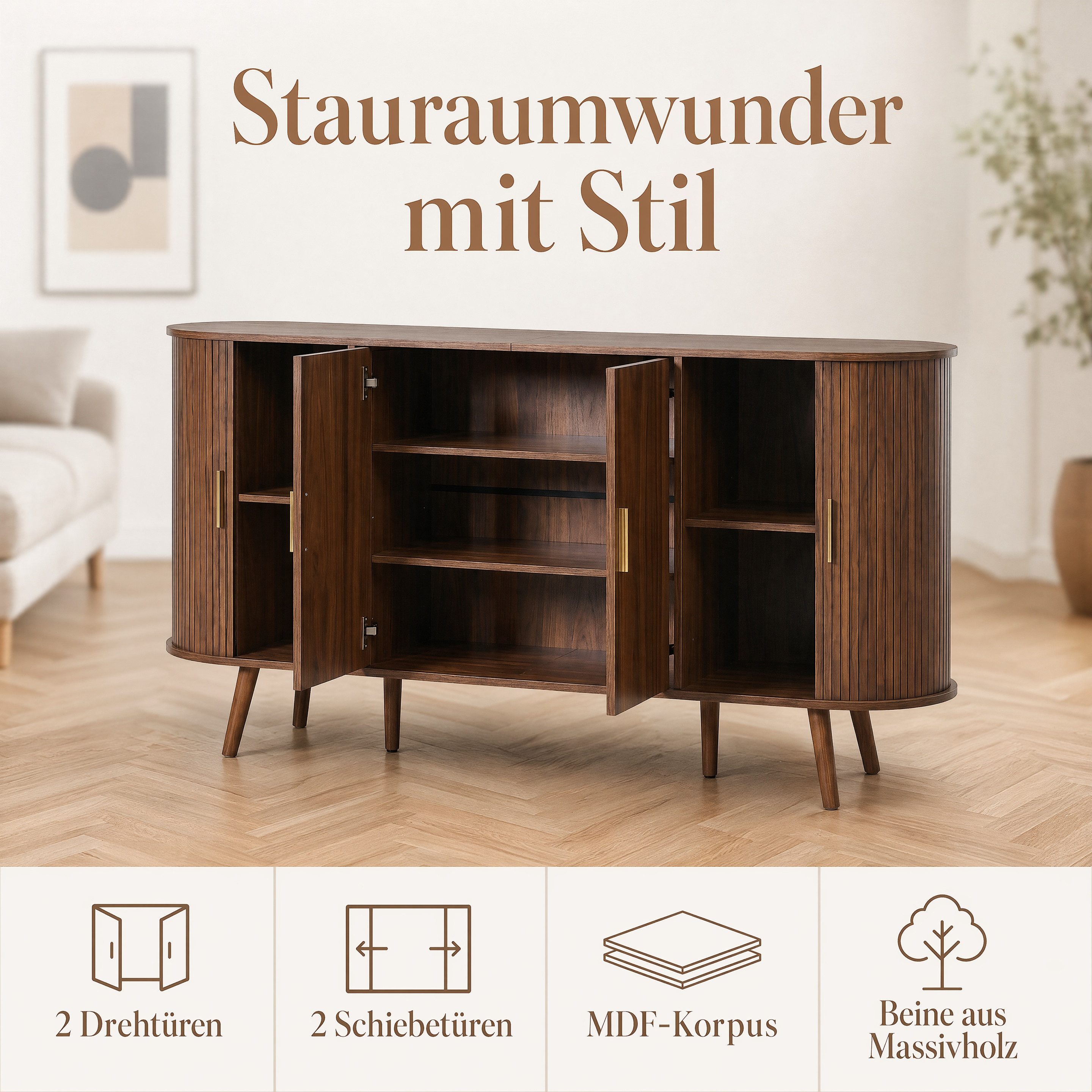 Totnz Sideboard mit 2 Drehtüren und 2 Schiebetüren, mit verstellbarem Einlegeboden (Rillendesign, Metallgriffen und Massivholzbeinen), für Esszimmer und Flur