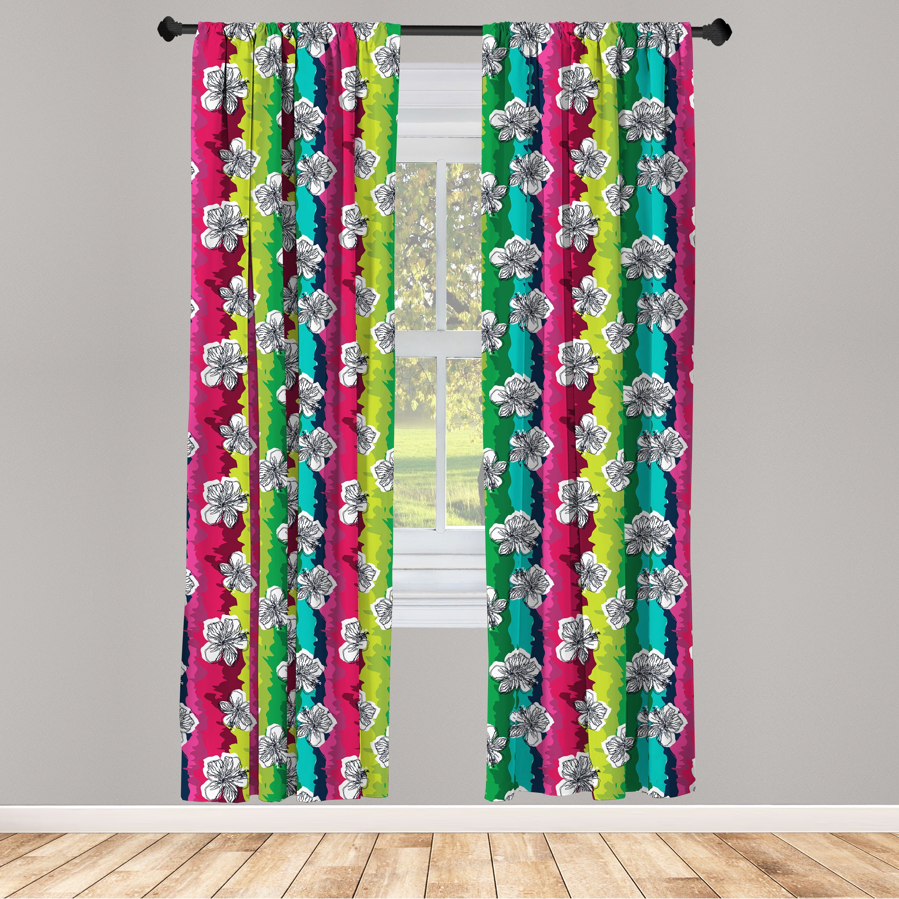 Gardine Vorhang für Wohnzimmer Schlafzimmer Dekor, Abakuhaus, Microfaser, Sommer Hibiscus auf bunte Streifen