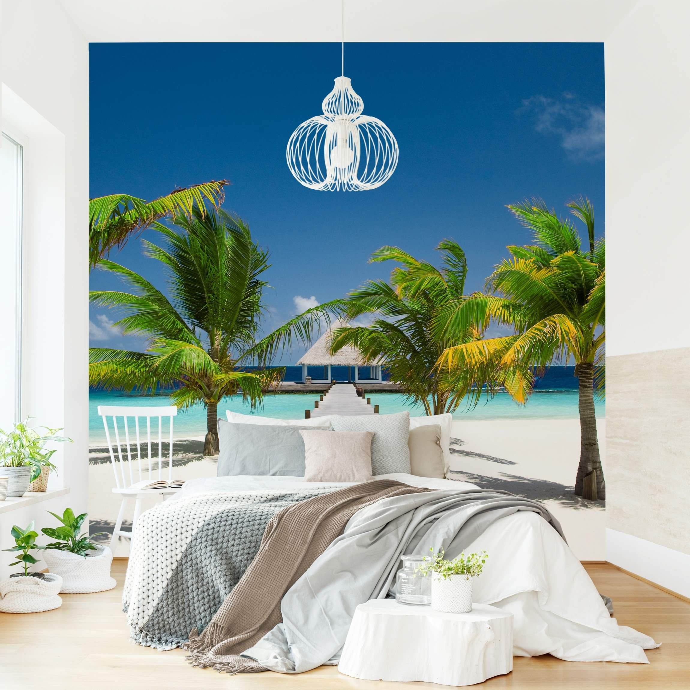 Bilderdepot24 Fototapete Strand & Meer Karibik 3D Steg Palmen Strand Natur Landschaft Maritim, Glatt, Matt, (Vliestapete inkl. Kleister oder selbstklebend), Wohnzimmer Schlafzimmer Küche Flur Motivtapete Vliestapete Wandtapete