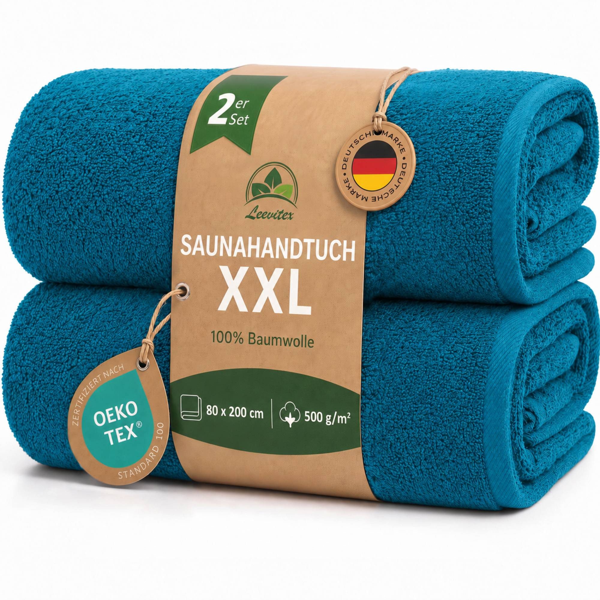 leevitex® Saunatuch, 80x200 cm, 100% Baumwolle, saugstark und fusselfrei, Frottee (Set, 2-St), OEKO-TEX® STANDARD 100 zertifiziert, gestreifte Bordüre