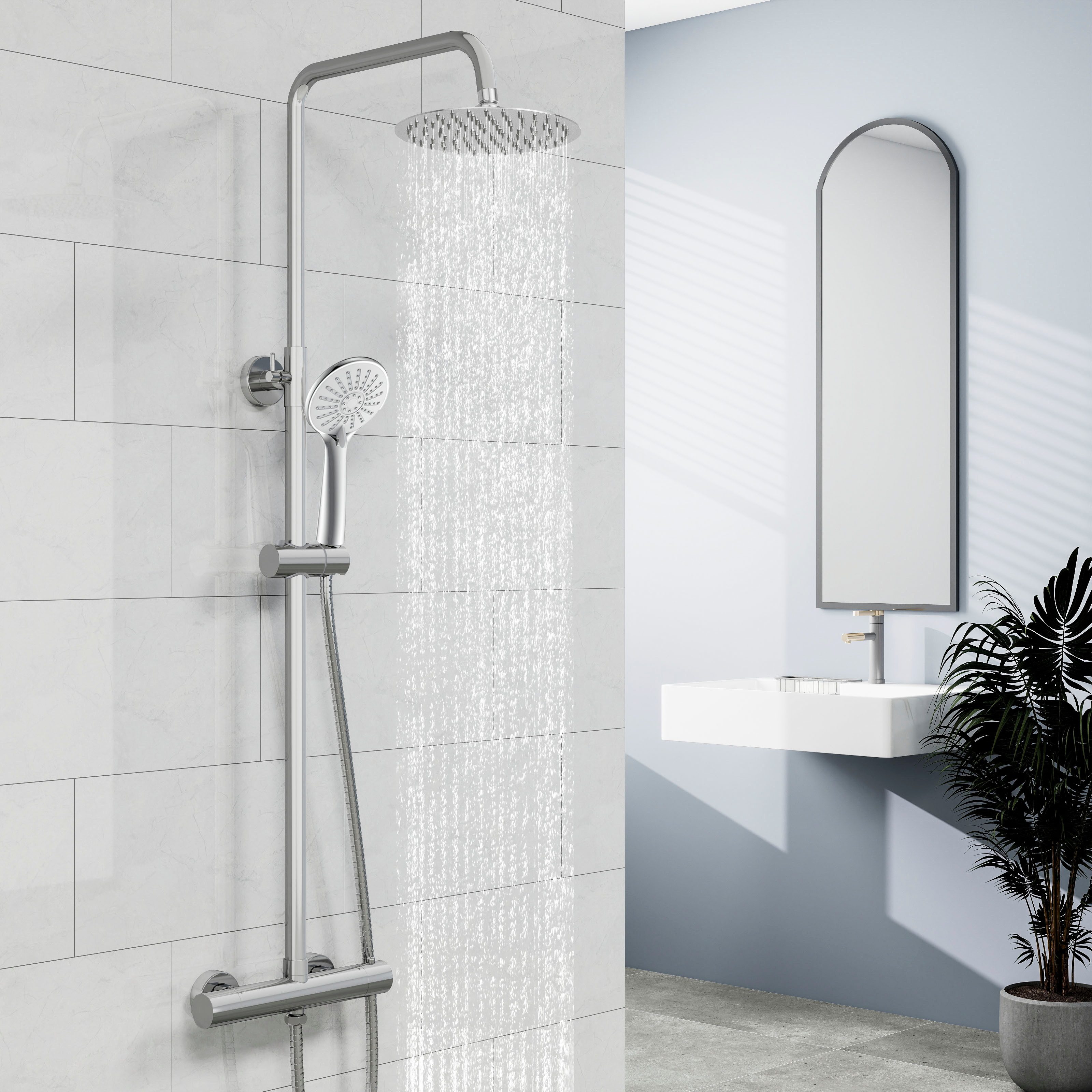 duschspa Duschsystem mit Thermostat (38°C), runder 20 cm Regendusche, 2 Strahlart(en), höhenverstellbarer Edelstahlstange, Chrom/Schwarz