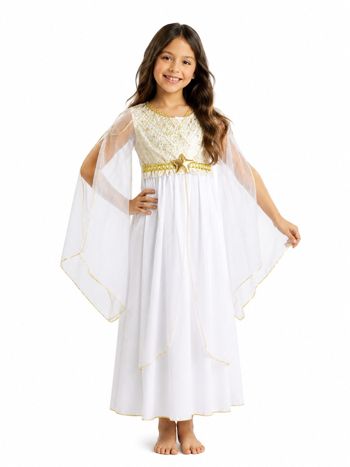 Funny Fashion Engel-Kostüm Kinder Engelskostüm 'Lucia' mit Sternen, Weiß Gol