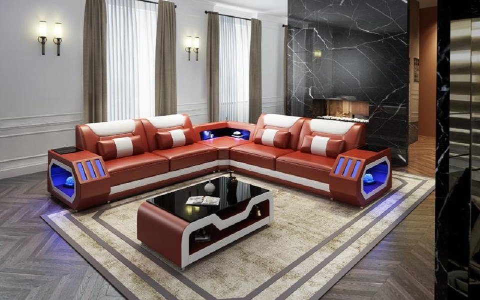 JVmoebel Ecksofa LED Beleuchtete Ecksofa Leder Wohnlandschaft Sofa, Made in Europe Orange/Weiß