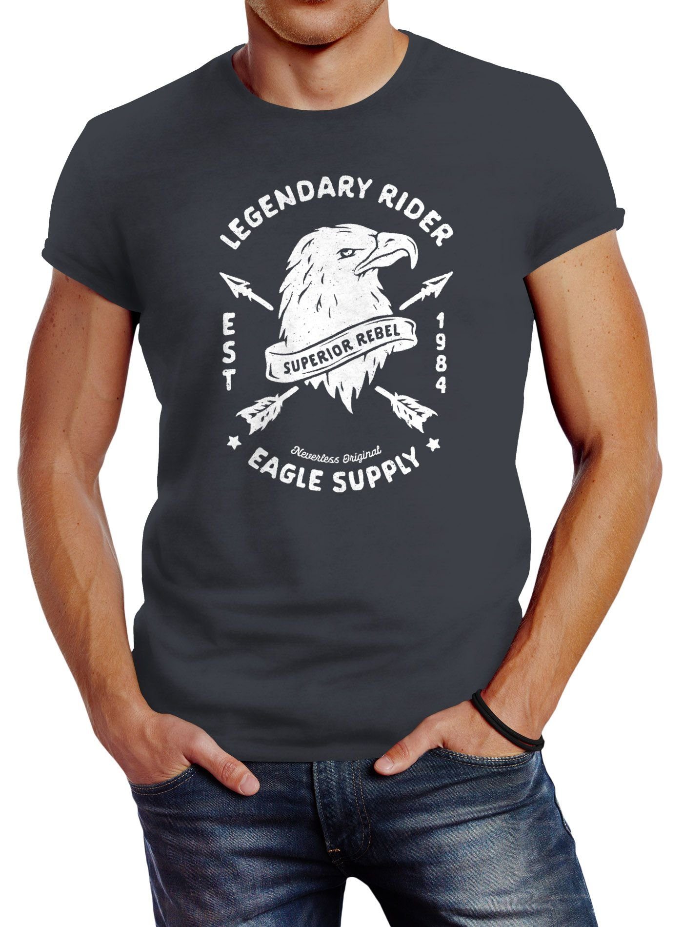Neverless Print-Shirt Herren T-Shirt Legendary Rider Eagle Supply Aufdruck Slim Fit Neverless® mit Print grau | T-Shirts