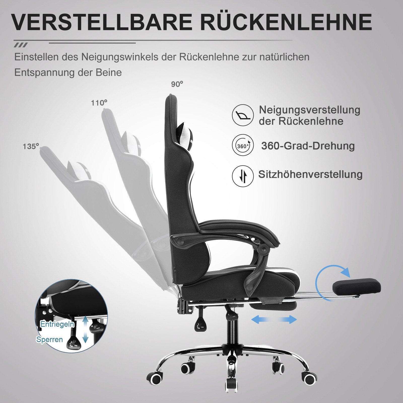 GTPLAYER Gaming-Stuhl Bürostuhl mit Massagefunktion, Fußstütze, Kopfstütze (Packung), Ergonomischer Gamer Stuhl Maximale Belastung 150 kg, 360° drehbar – Bild 4 von 5